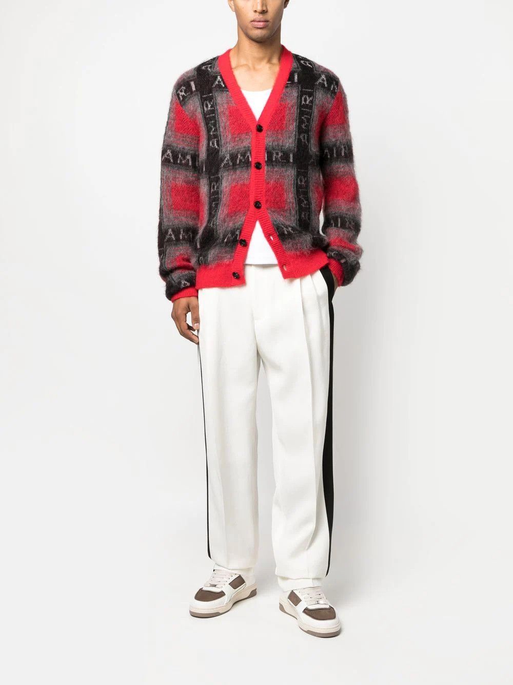 Amiri Red Check Brushed Mohair Intarsia Logo Cardigan Size US L / EU 52-54 / 3 - 4 Thumbnail