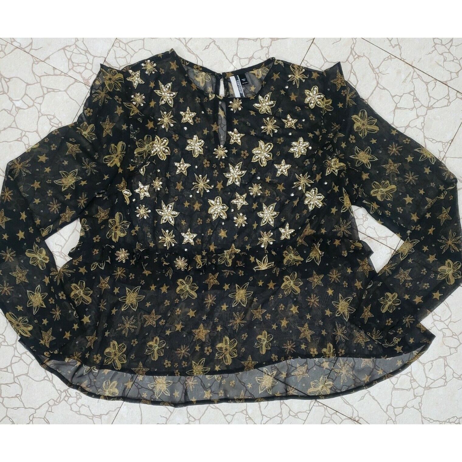 Topshop Topshop Idol Blouse Sz 10 Sheer Black Chiffon Ruffles Gold S Size L / US 10 / IT 46 - 2 Thumbnail