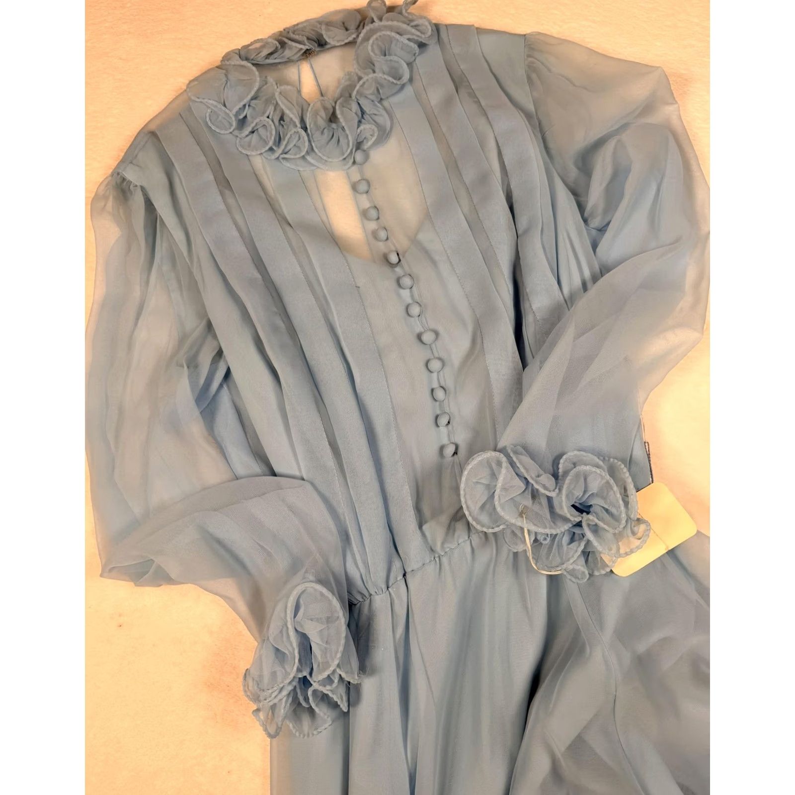 Vintage VINTAGE Miss Elliette Dress 14 Blue Chiffon High Neck Maxi Gown Ruffle Womens Size XL / US 12-14 / IT 48-50 - 3 Thumbnail