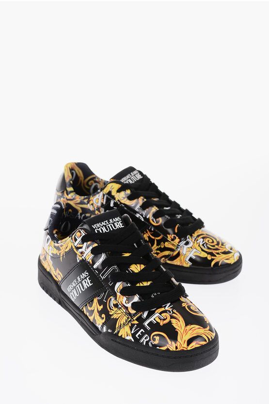 image of Versace Jeans Couture Baroque Motif Patent Leather Brooklyn Low-Top Shoes in Nero/Oro (Size 6)
