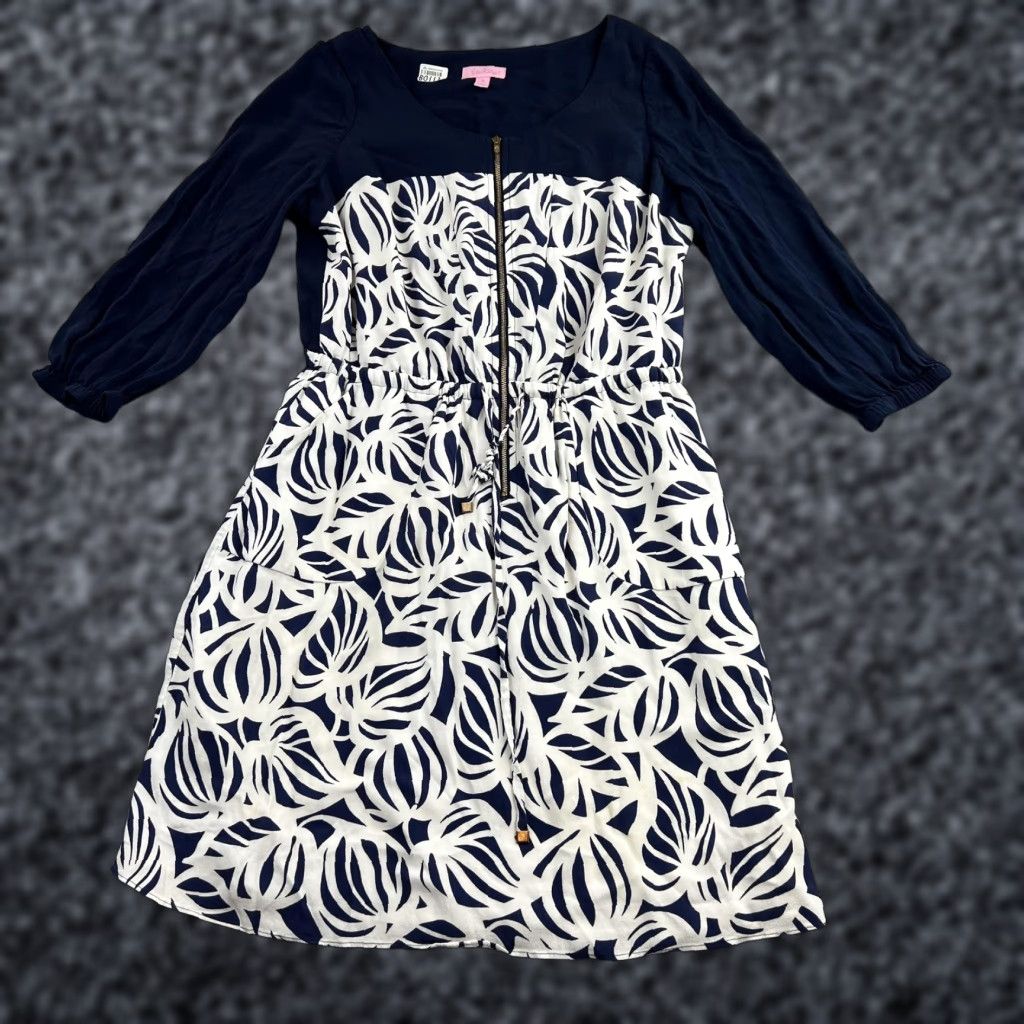 Lilly Pulitzer Lilly Pulitzer Dress Womens 10 Blue White Tropical A-Line Zip Front 3/4 Sleeve Size L / US 10 / IT 46 - 1 Thumbnail