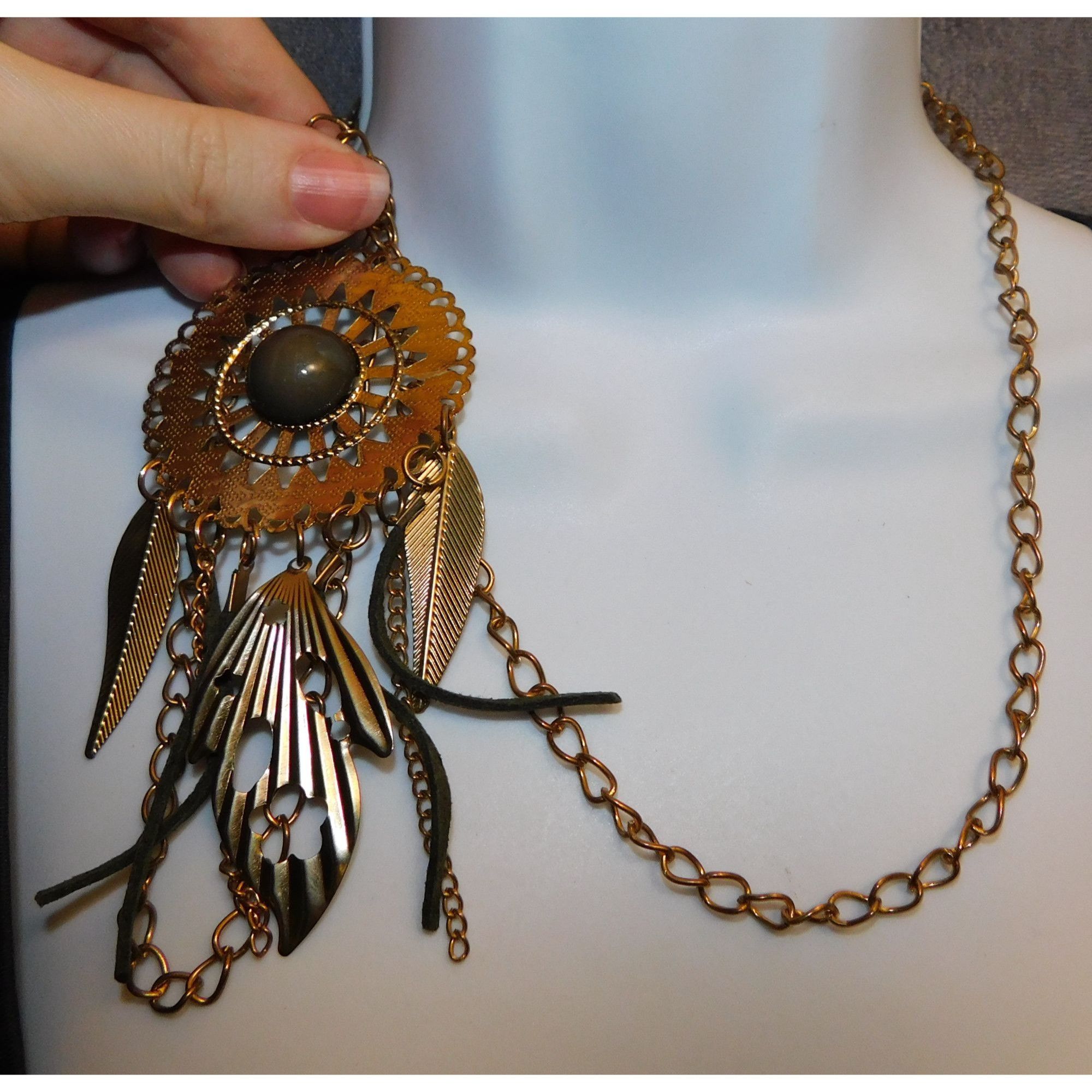 Other Bohemian Medallion Necklace Grey And Gold Tone With Fringe Size ONE SIZE - 5 Thumbnail