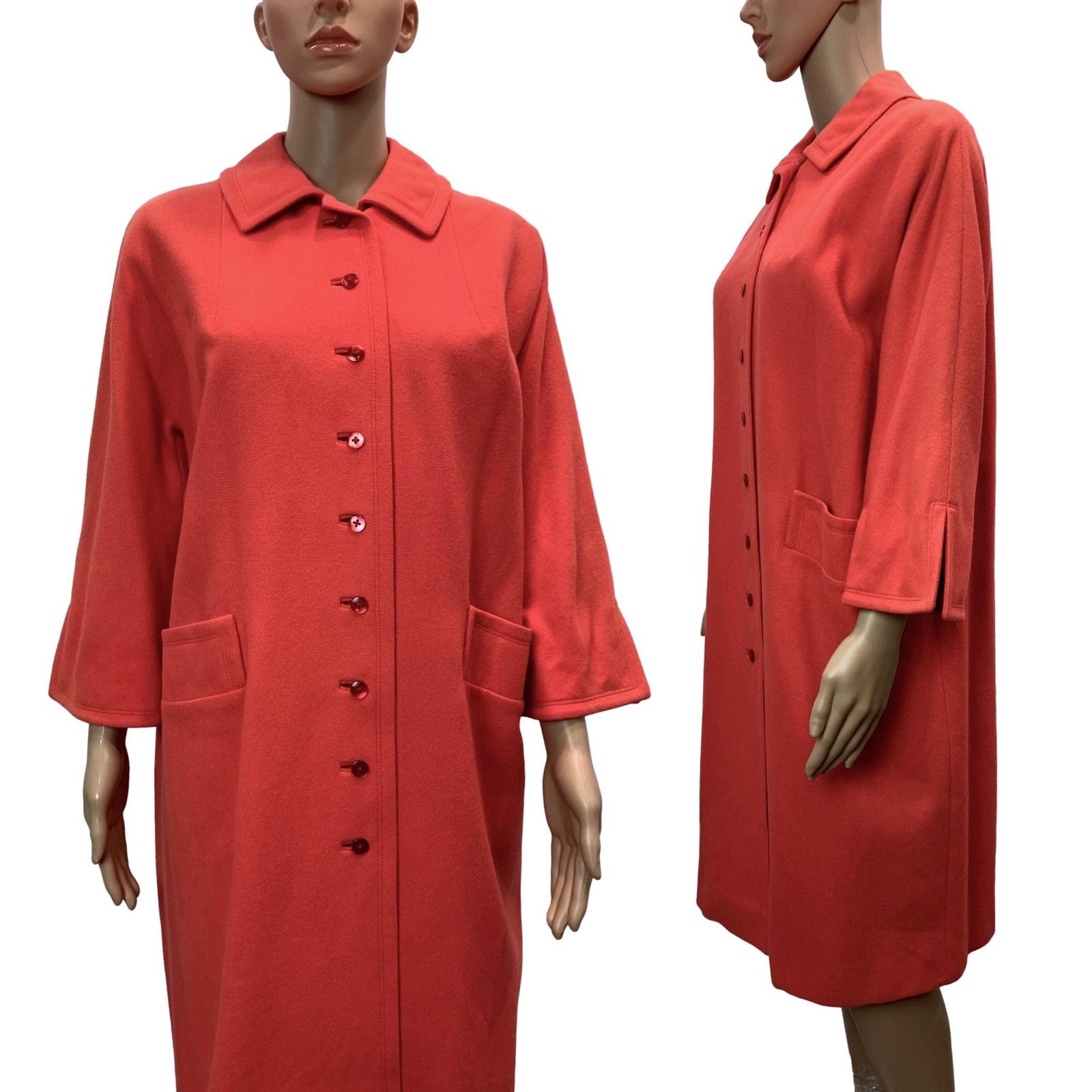 Vintage 60s Coral Orange Pink Wool Midi Coat | Overcoat Mid Century Size S / US 4 / IT 40 - 5 Thumbnail