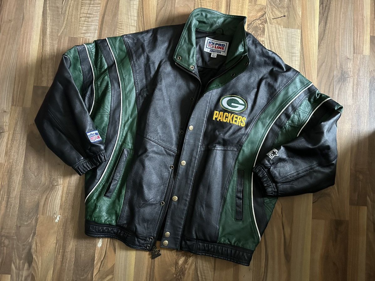Starter Leather Jacket Green Bay Packers Size L NFL Vintage