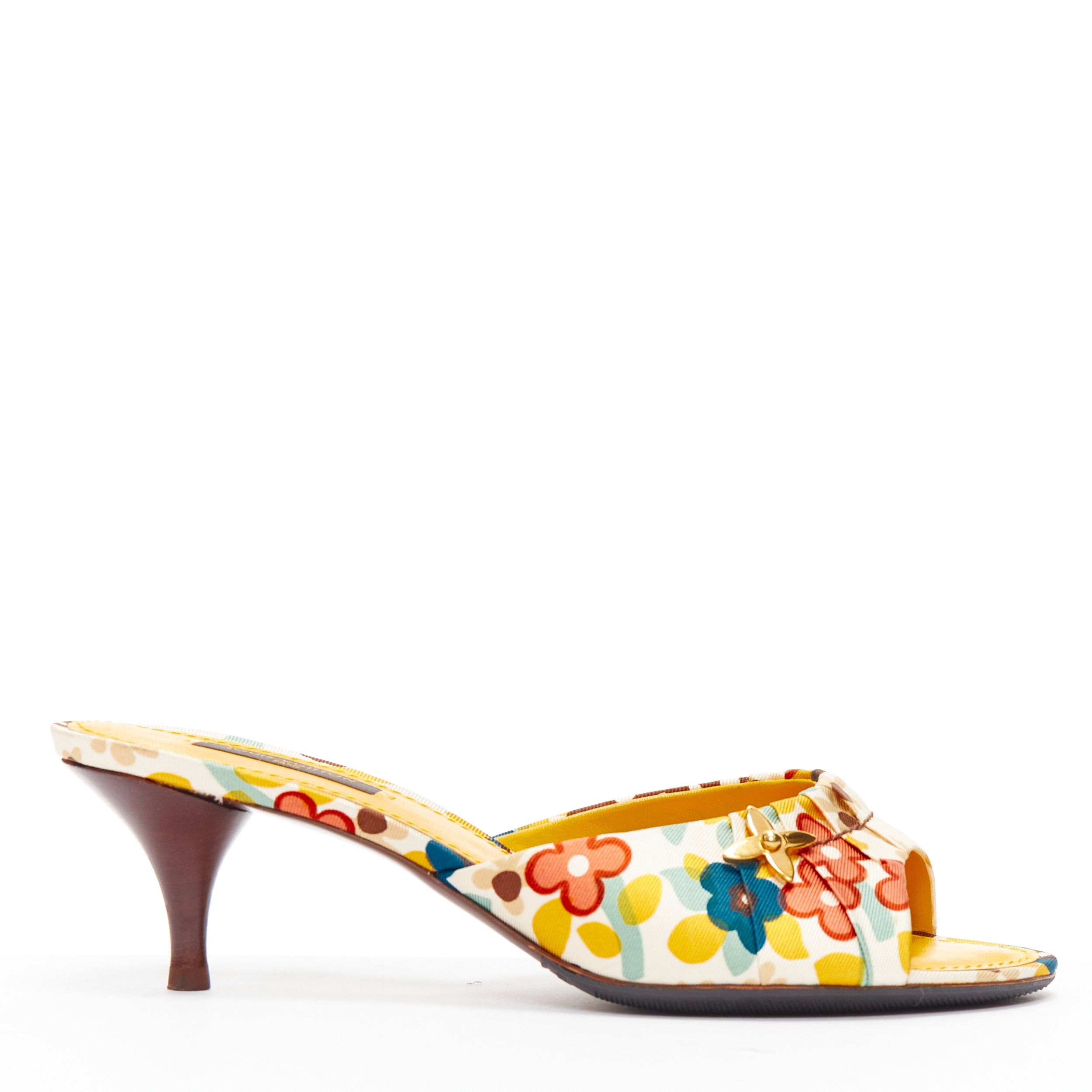 image of Louis Vuitton Vintage Logo Floral Motif Print Open Toe Kittn Heel Shoes Mule Eu37, Women's