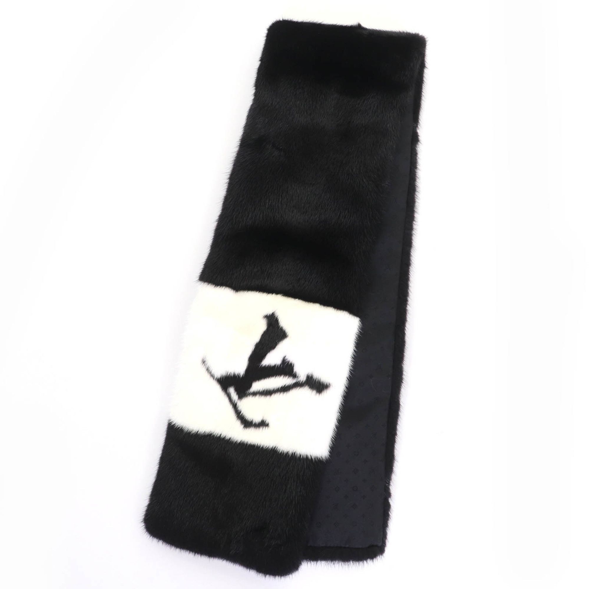 Louis Vuitton LOUIS VUITTON M77866 Echarpe Gaugram LV Logo Mink Fur Scarf/Tippet Shawl in Black and White with Box, Made Italy, Authentic, Women's Size ONE SIZE - 1 Thumbnail
