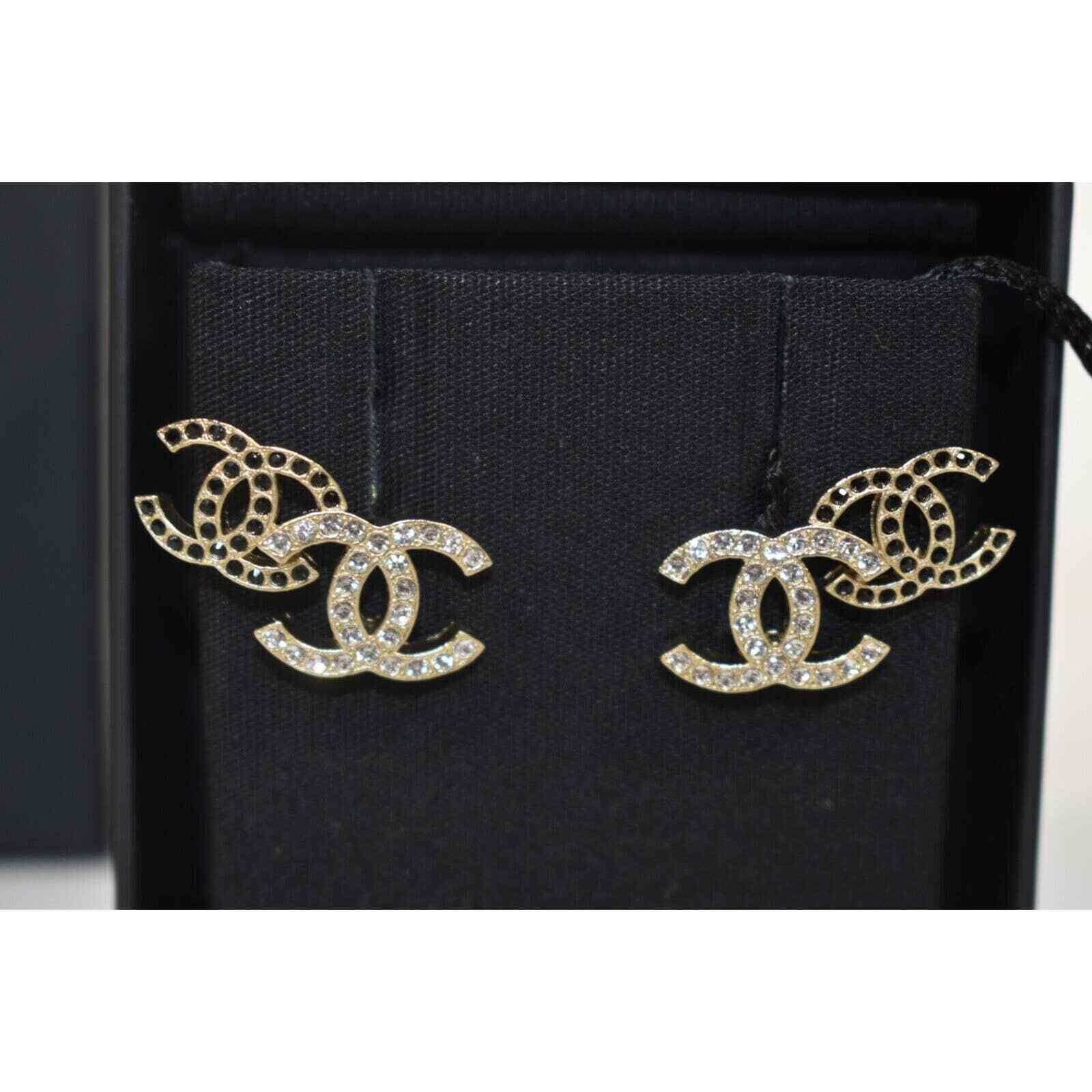 Chanel Chanel Gold Black Crystal Dangle Statement Stud Earring Size ONE SIZE - 1 Thumbnail
