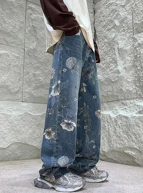 image of Fashion Floral Printed Jeans in Blue, Men's (Size 26)