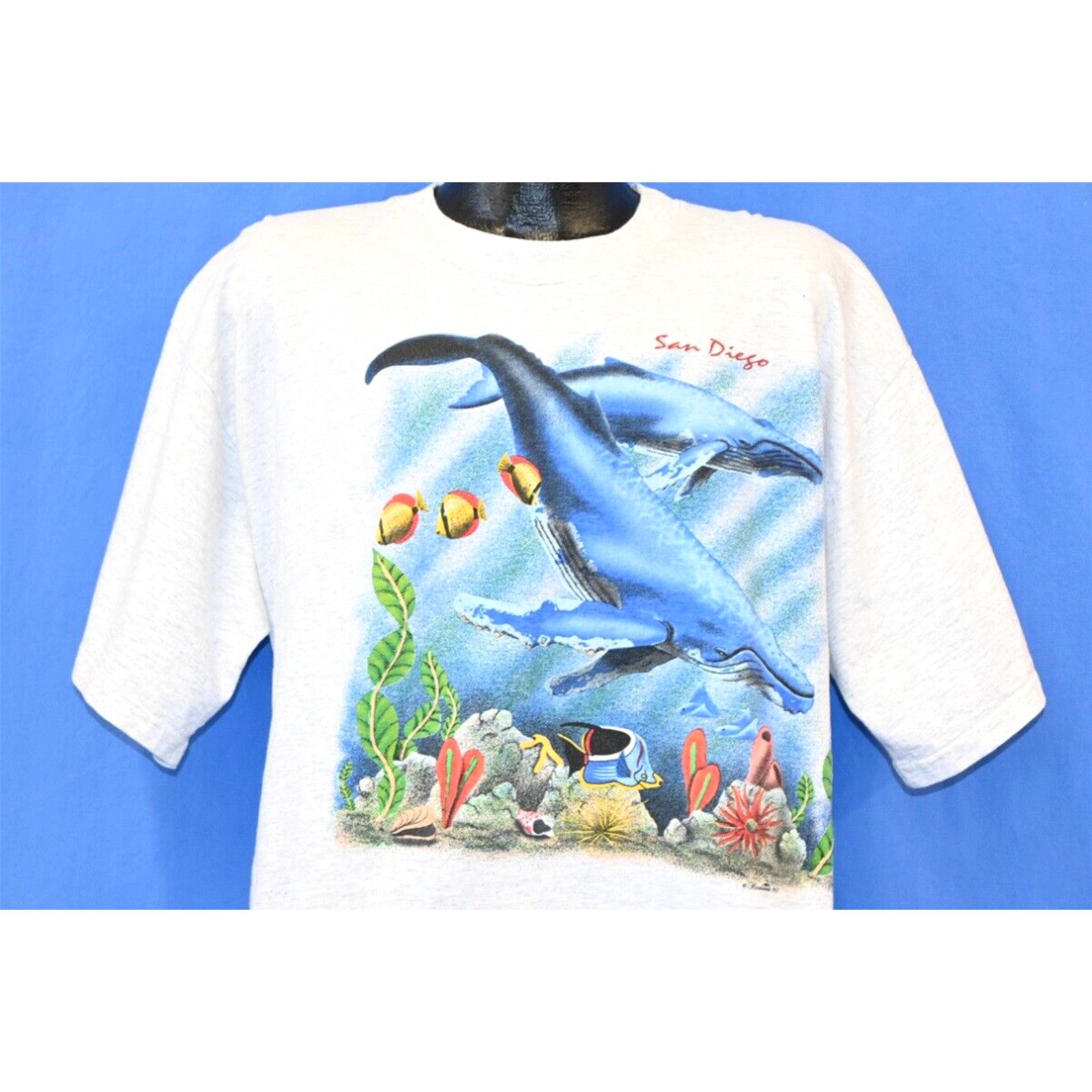 image of Vintage VTG 90's San Diego Aquarium Underwater Sealife Fish Whale Wrap Around T-Shirt 2Xl in White