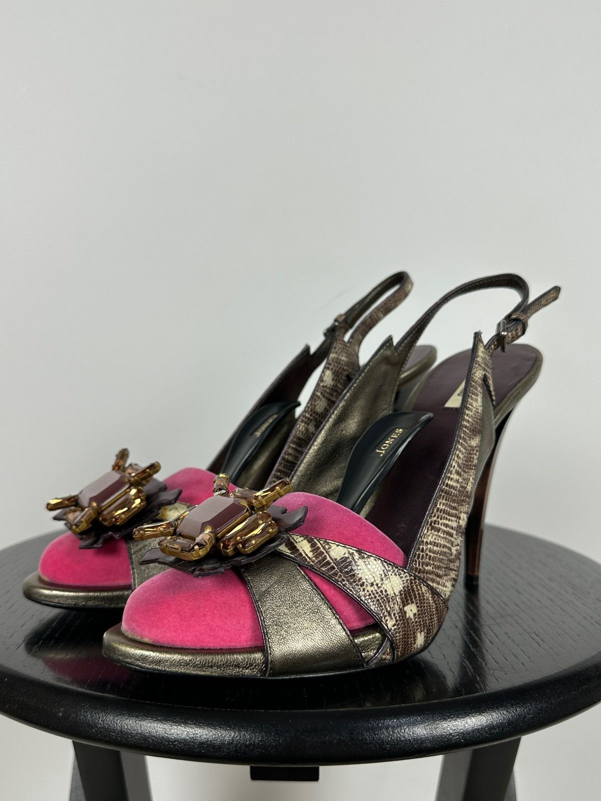 Miu Miu Miu Miu Leather Snakeskin Jewel Slingback Sandals Heels Size US 10 / IT 40 - 8 Thumbnail