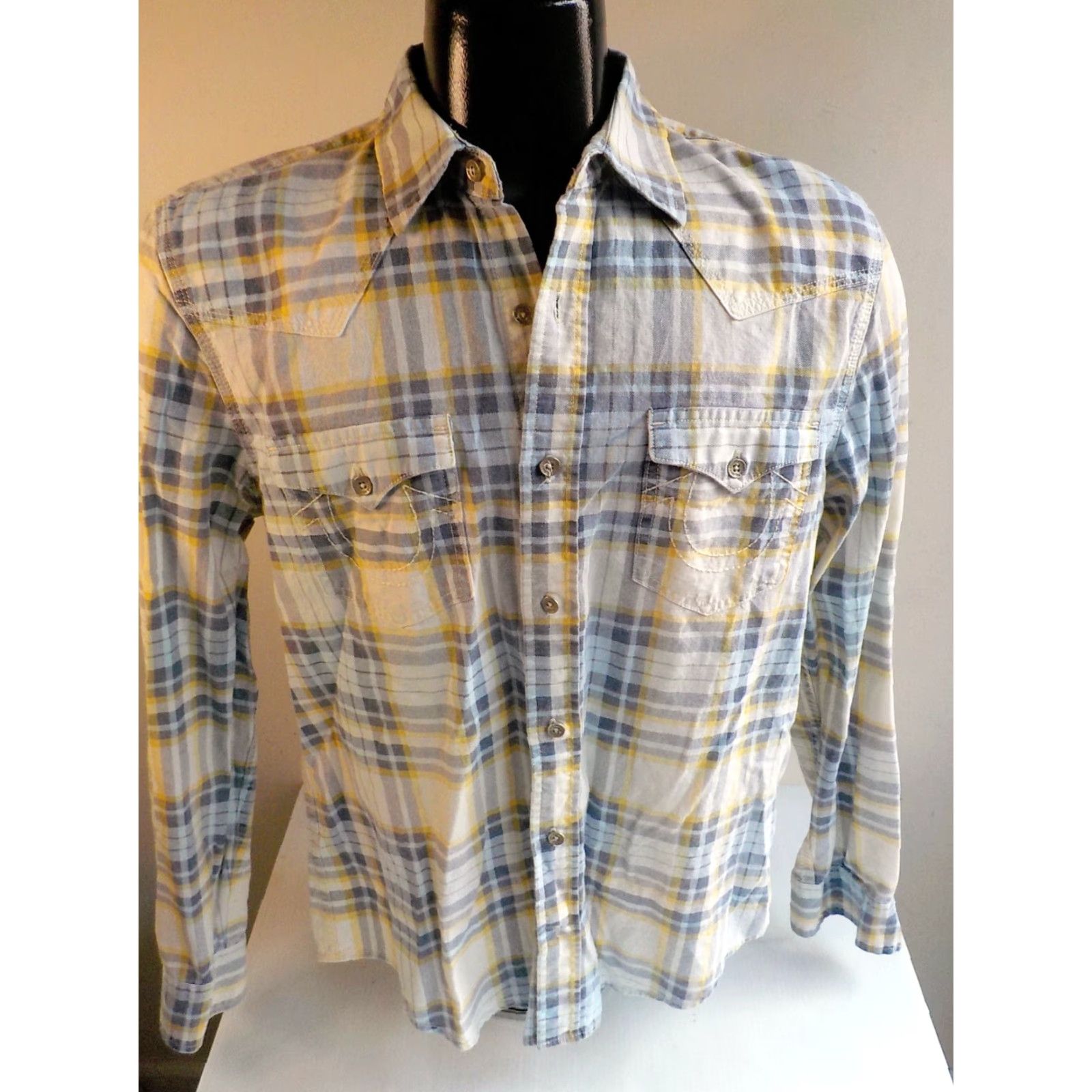 True Religion TRUE RELIGION LS Button Front Plaid Western Style Shirt Linen Blend SZ M Slim (Gray, Blue, Yellow, Ivory) Mens Size US M / EU 48-50 / 2 - 2 Thumbnail