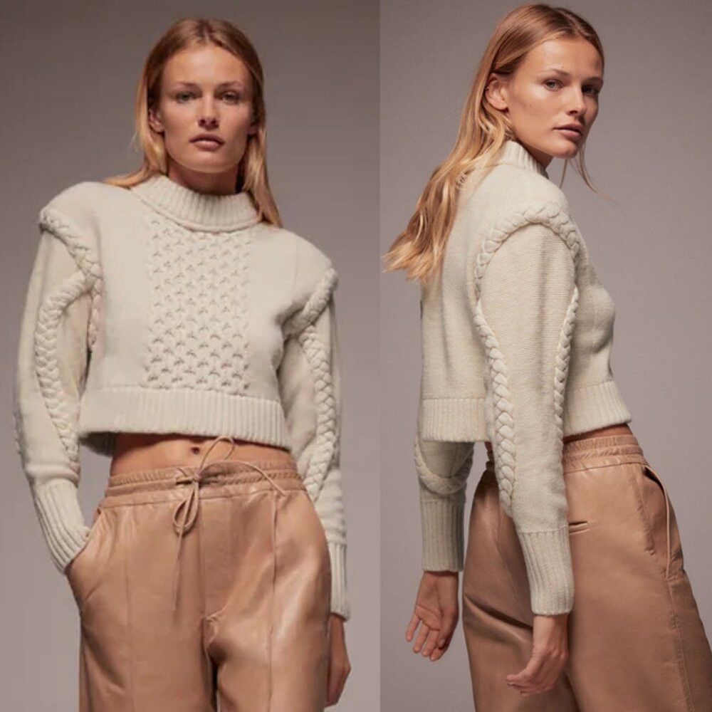 Zara New Zara Crop Wool Blend Cable Knit Ecru 4219/100 Sweater S Size S / US 4 / IT 40 - 1 Thumbnail