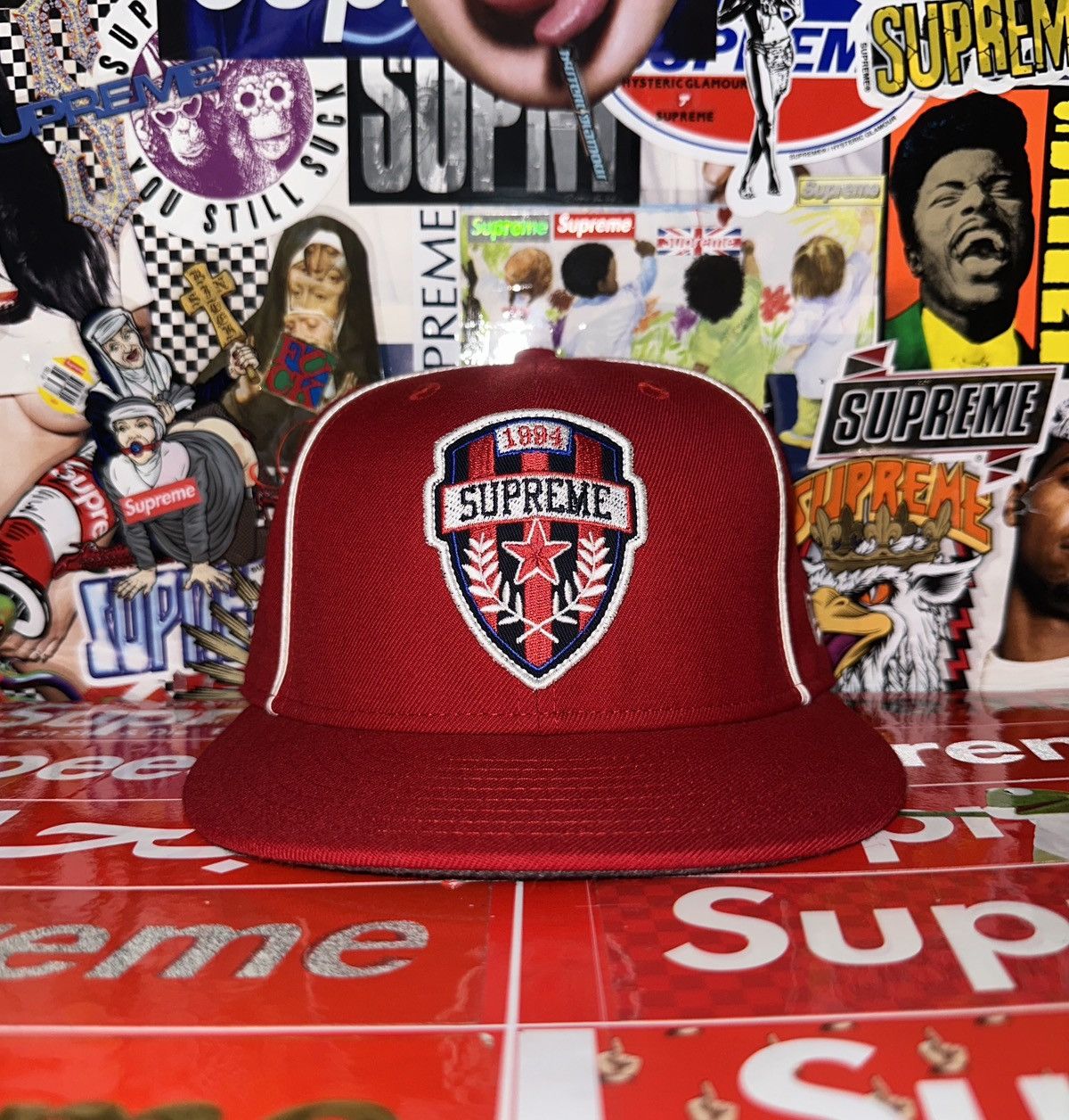 NWT Supreme New Era Red Box Logo Mesh Fitted Hat Cap Mens 7