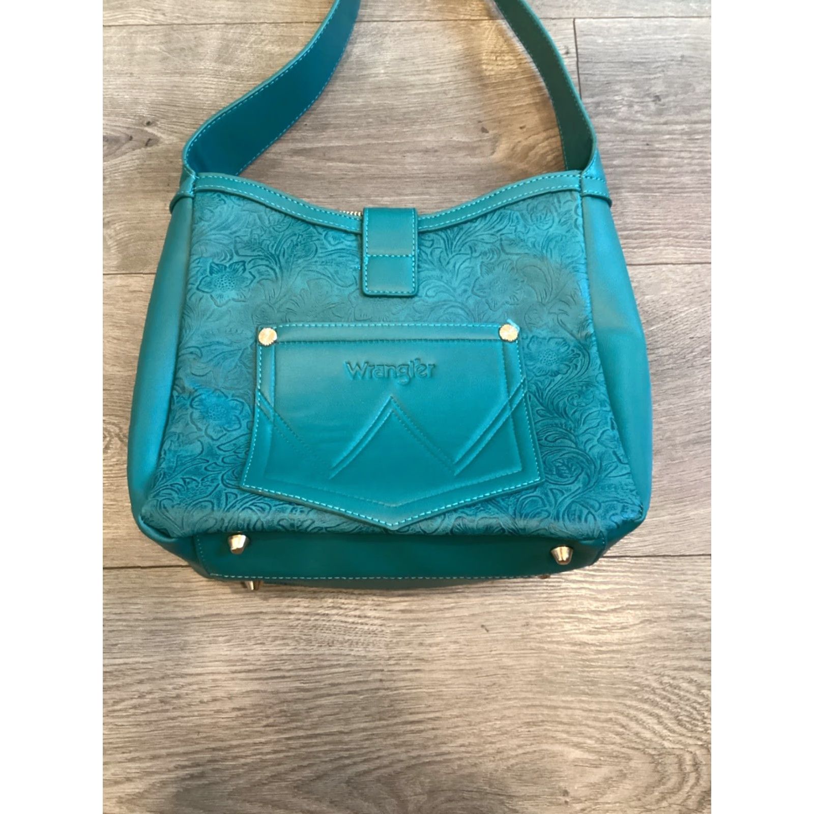Wrangler Wrangler Turquoise Canvas Crossbody Handbag - Green/Teal Floral Embossed Exterior, Zip, Detachable Strap, Small, Women, Western Theme Size ONE SIZE - 3 Thumbnail