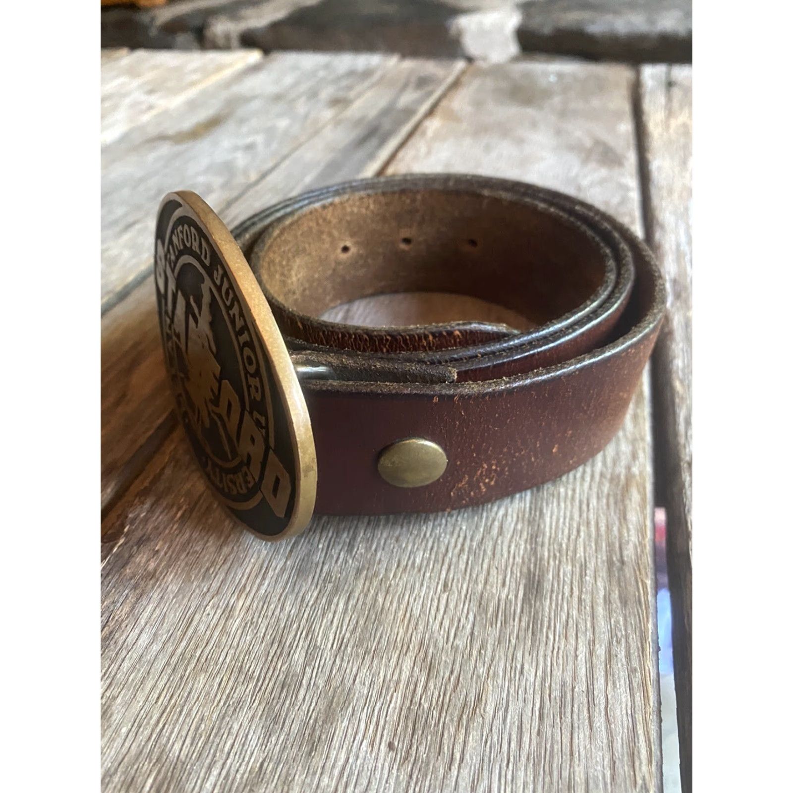 Vintage VINTAGE Stanford Solid Brass Belt Buckle Leather 37-39” Leland Stanford Junior University Bronze 1970s Collegiate Mens Womens Boys Girls Size ONE SIZE - 2 Thumbnail
