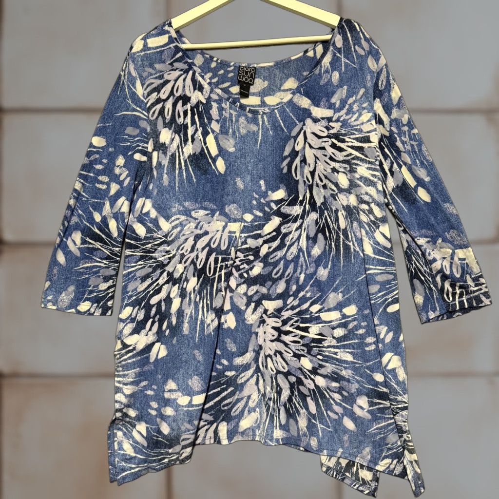 Vintage Clara Sun Woo Blouse Womens L Blue Floral 3/4 Sleeve Pop Over Top USA Size L / US 10 / IT 46 - 1 Thumbnail