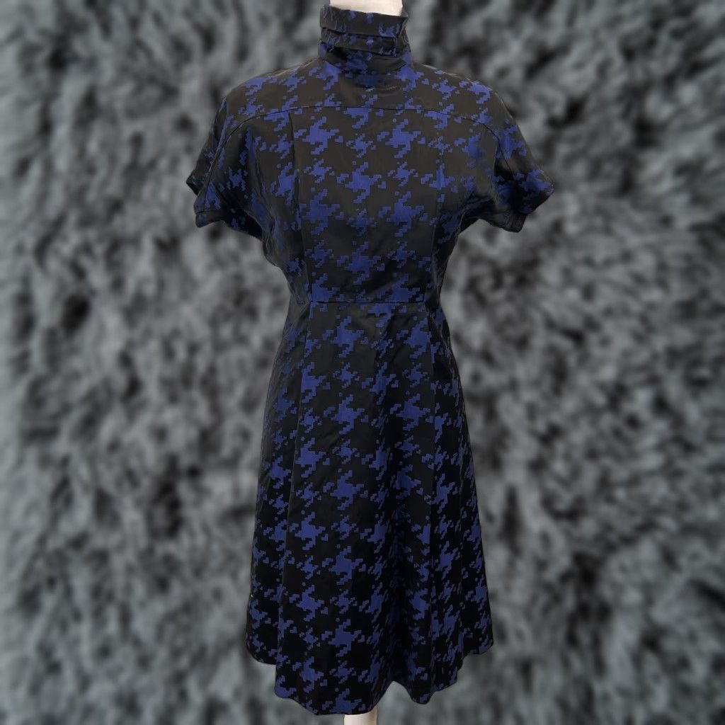 Vintage Tufi Duek Dress Midi Houndstooth Mock Turtleneck Zip 36 VGUC Womens Black Blue Size XS / US 0-2 / IT 36-38 - 1 Thumbnail