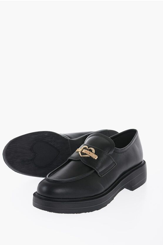 image of Moschino Love Leather Loafers With Golden Logo in Black, Women's (Size 10)
