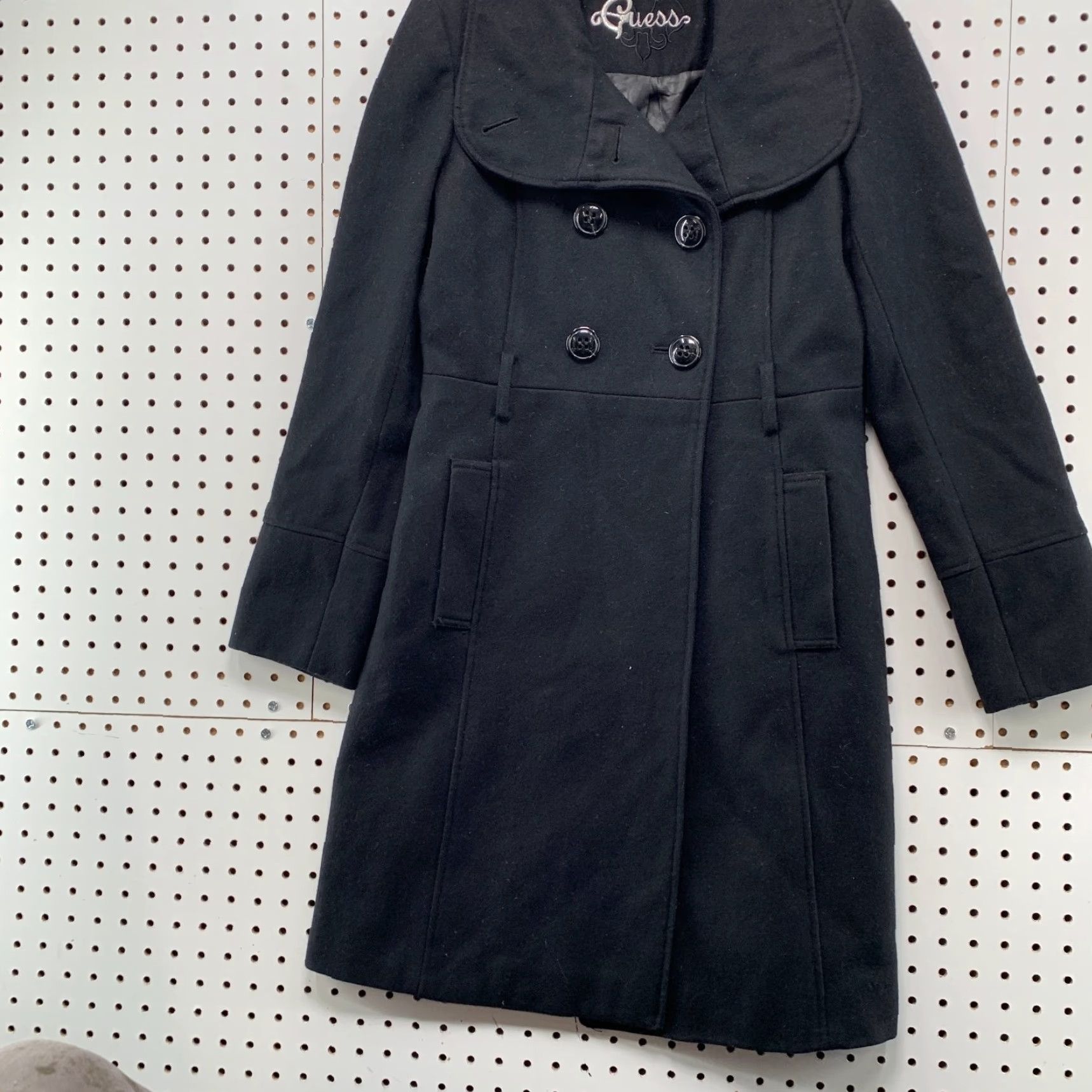 Guess VINTAGE Guess Wool Coat Womens Small Black Blend Double Breasted Size S / US 4 / IT 40 - 3 Thumbnail