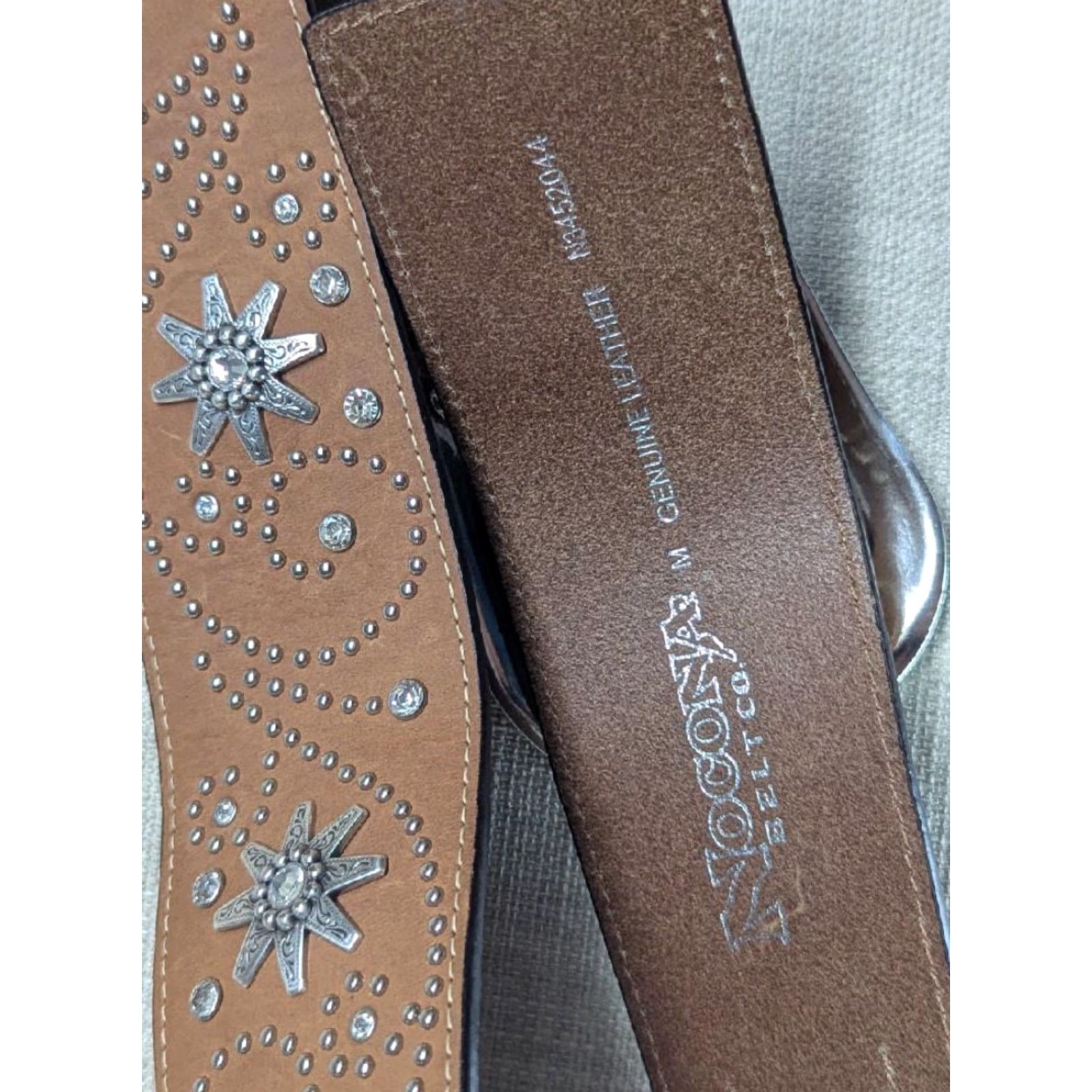 Vintage VINTAGE Nocona belt western belt 34 rhinestone studded leather brown 2.5" buckle Men Boys Mens Size 34 - 3 Thumbnail