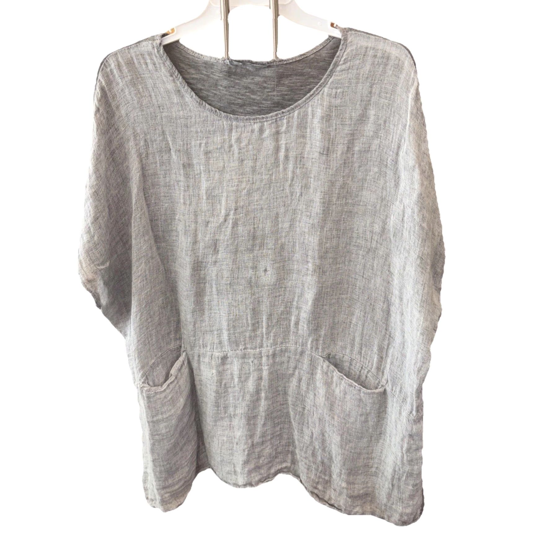 melin MEO MELI Italian Top Women Lagenlook Coastal Boho Cotton Linen Gray Pocket Short Sleeve Dolman Sleeve Crew Neck Pullover One Size Size ONE SIZE - 8 Thumbnail