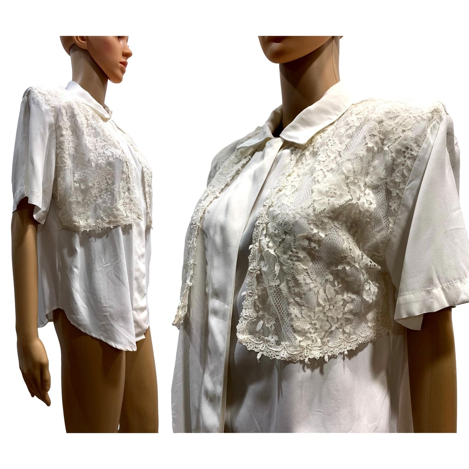 Vintage 80s White Short Sleeve Romantic Blouse w Lace Vest / Shrug Size S / US 4 / IT 40 - 2 Thumbnail