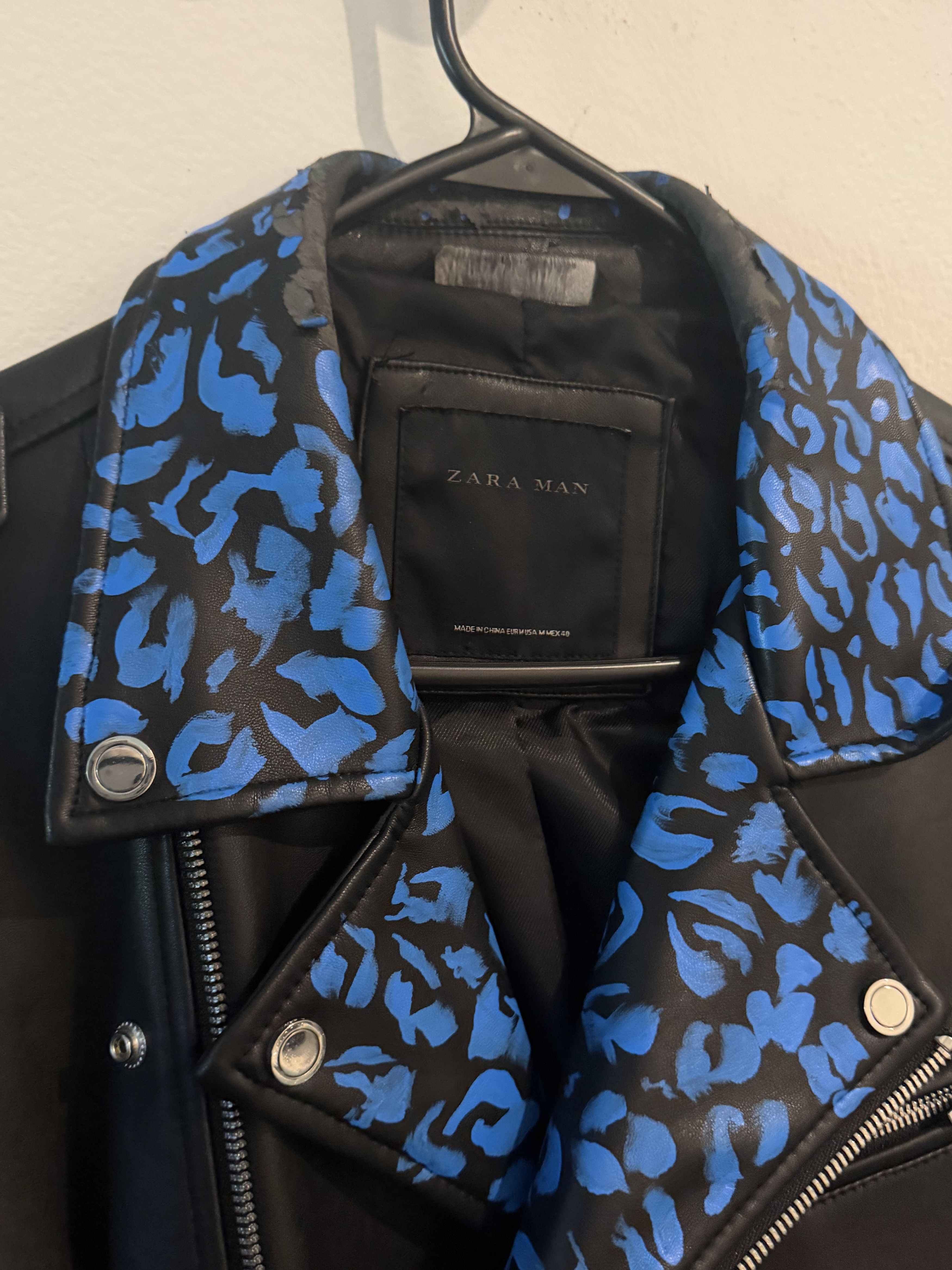 Zara Blue Leaopard Print Collar Leather Biker Jacket Size US M / EU 48-50 / 2 - 2 Thumbnail