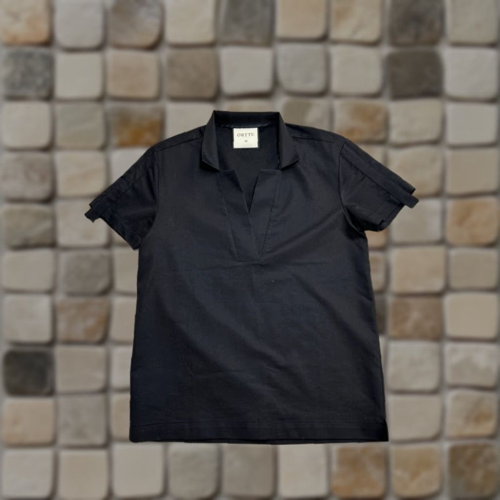 Orttu Star Neck Shirt Mens XS Black Cotton Stretch Regular Fit Short Sleeves