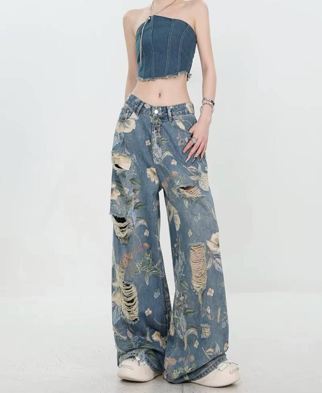 Japanese Brand × Vintage ripped wide leg pants with a design Size 26" / US 2 / IT 38 - 8 Thumbnail
