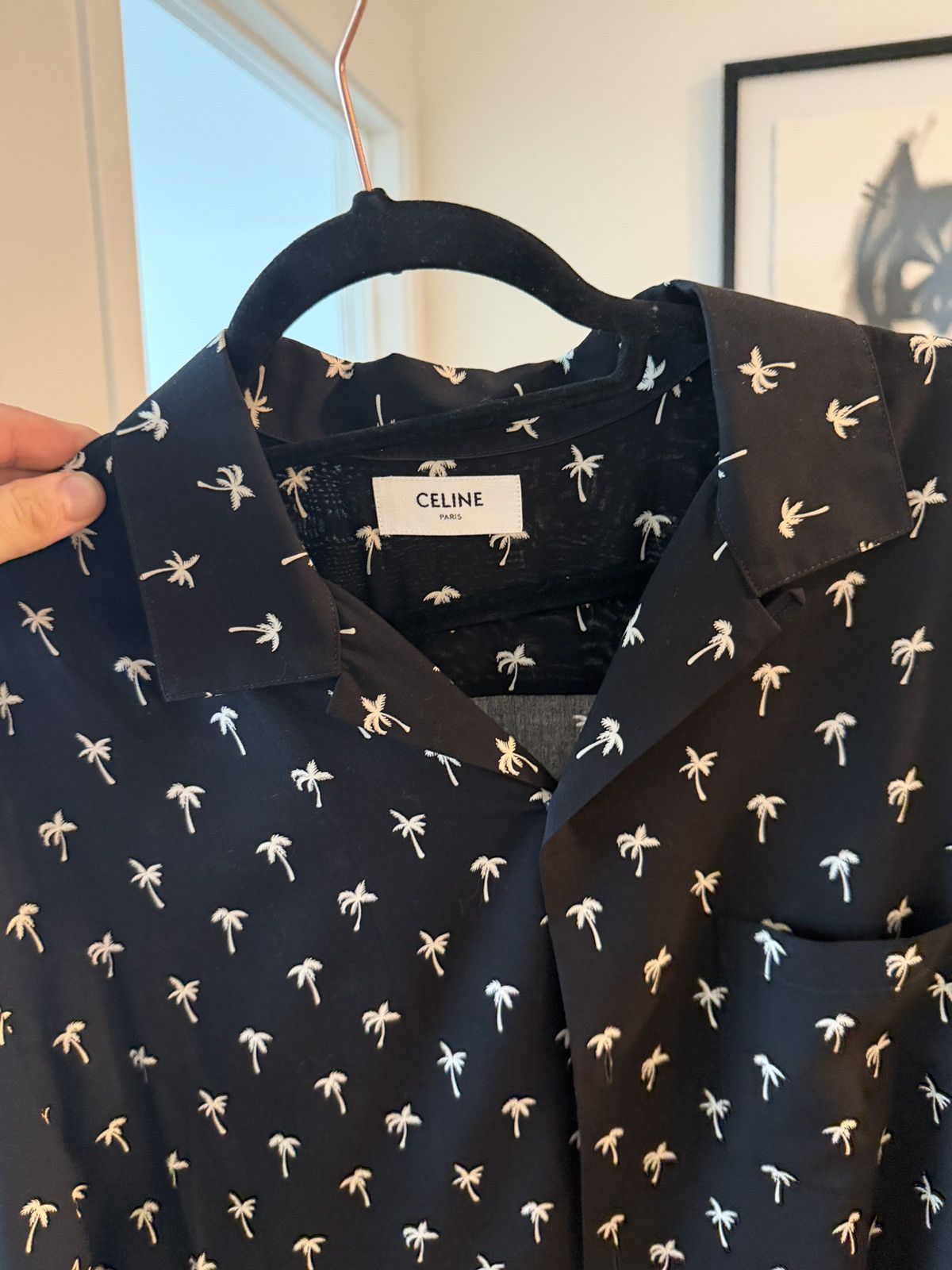 Celine Hawaiian Camp Collar Shirt / Black & White Palm Tree
