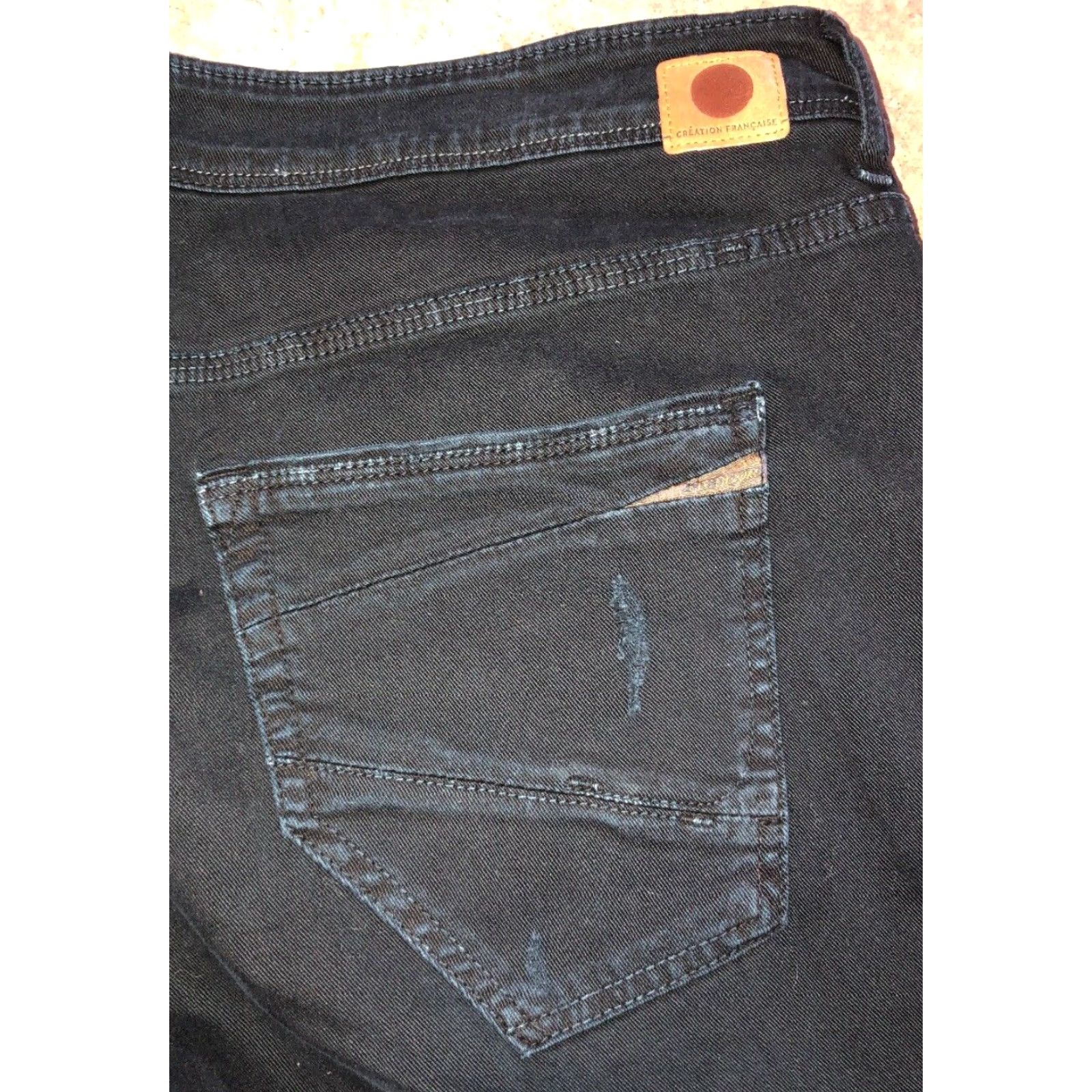 Vintage Creation Francaise Mens Black Distressed Straight Jeans 40 x 33 Button Fly Mens Size US 40 / EU 56 - 5 Thumbnail
