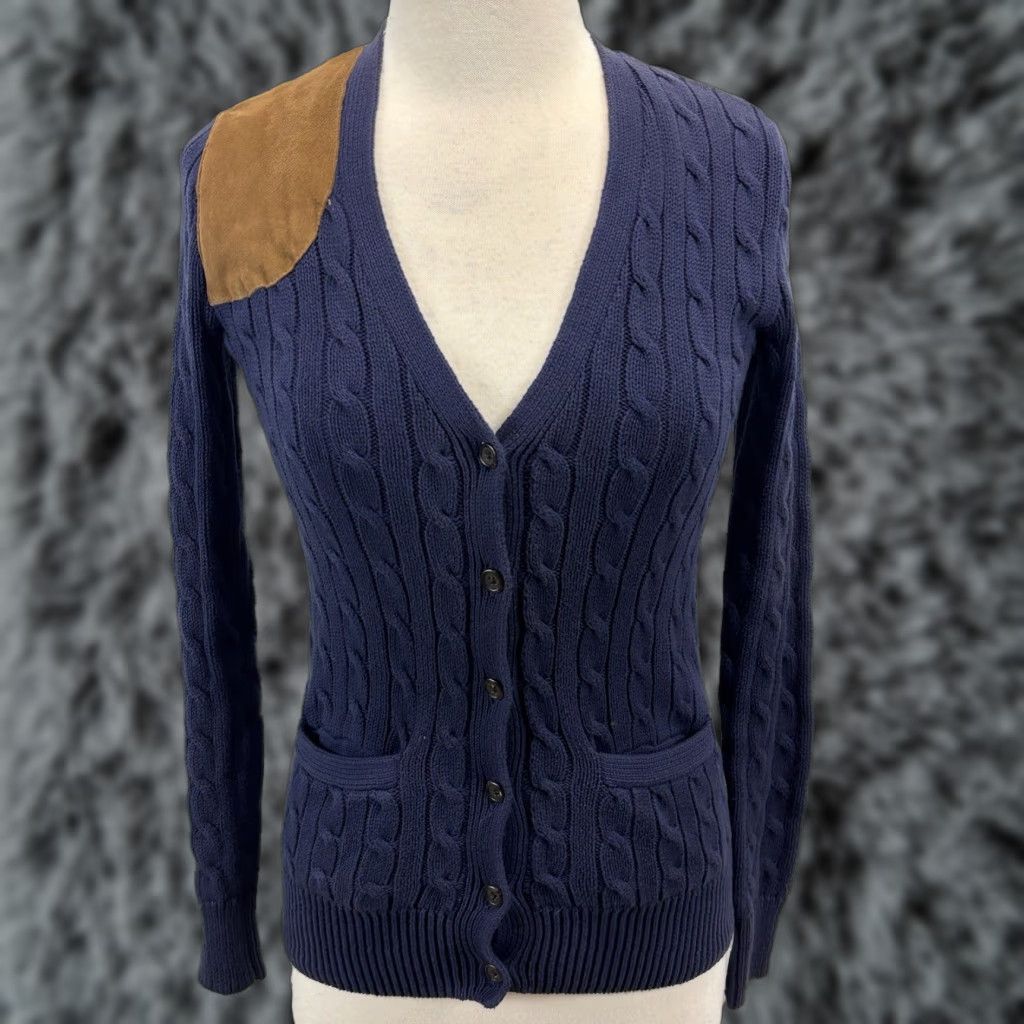 Ralph Lauren VINTAGE Ralph Lauren Cardigan Sweater Women’s XS Navy Blue Suede Patch Cable-Knit 90s Size XS / US 0-2 / IT 36-38 - 1 Thumbnail