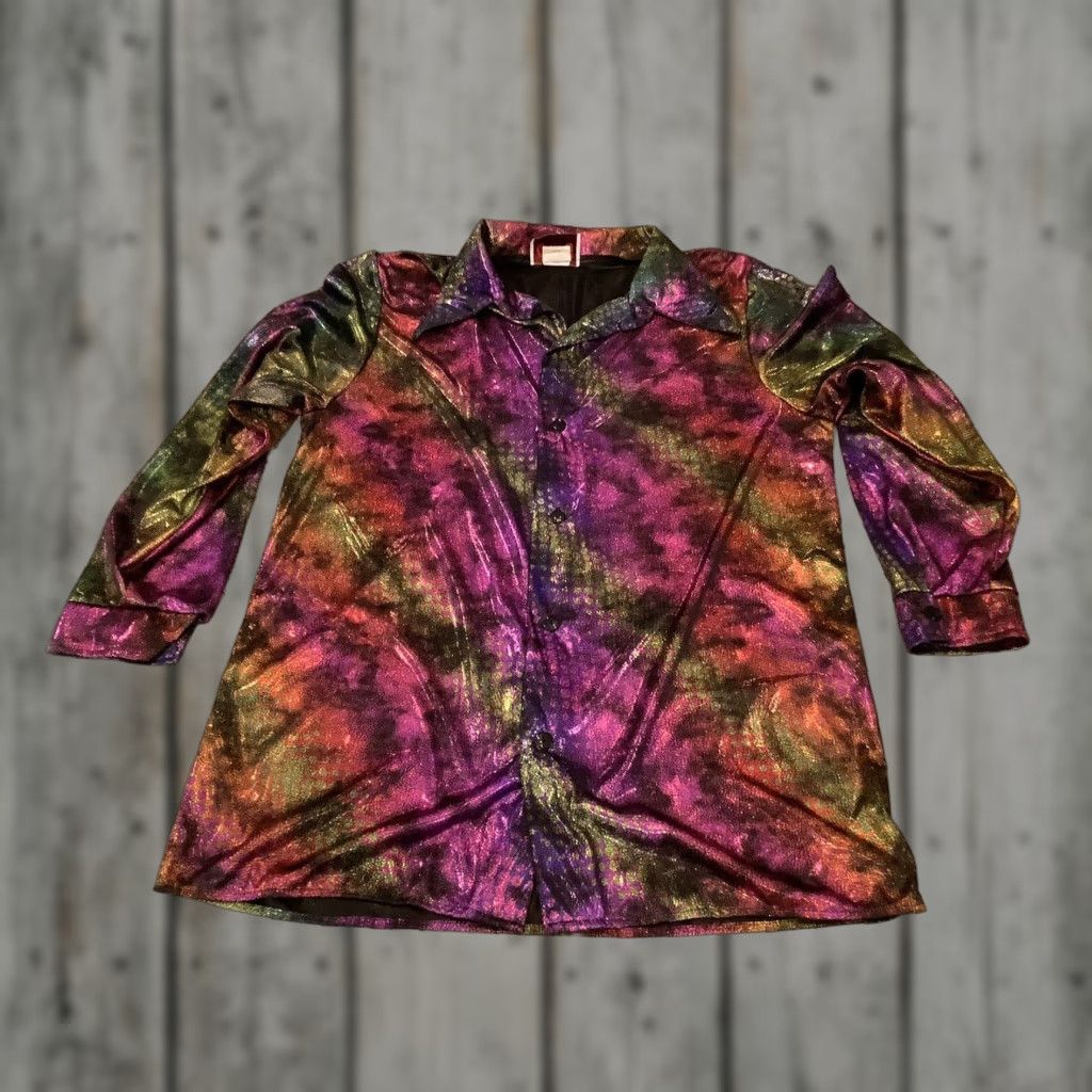 VINTAGE Charades Disco Shirt XL Satin 1990s Halloween Button-Front Sunglow Shiny Metallic Mens