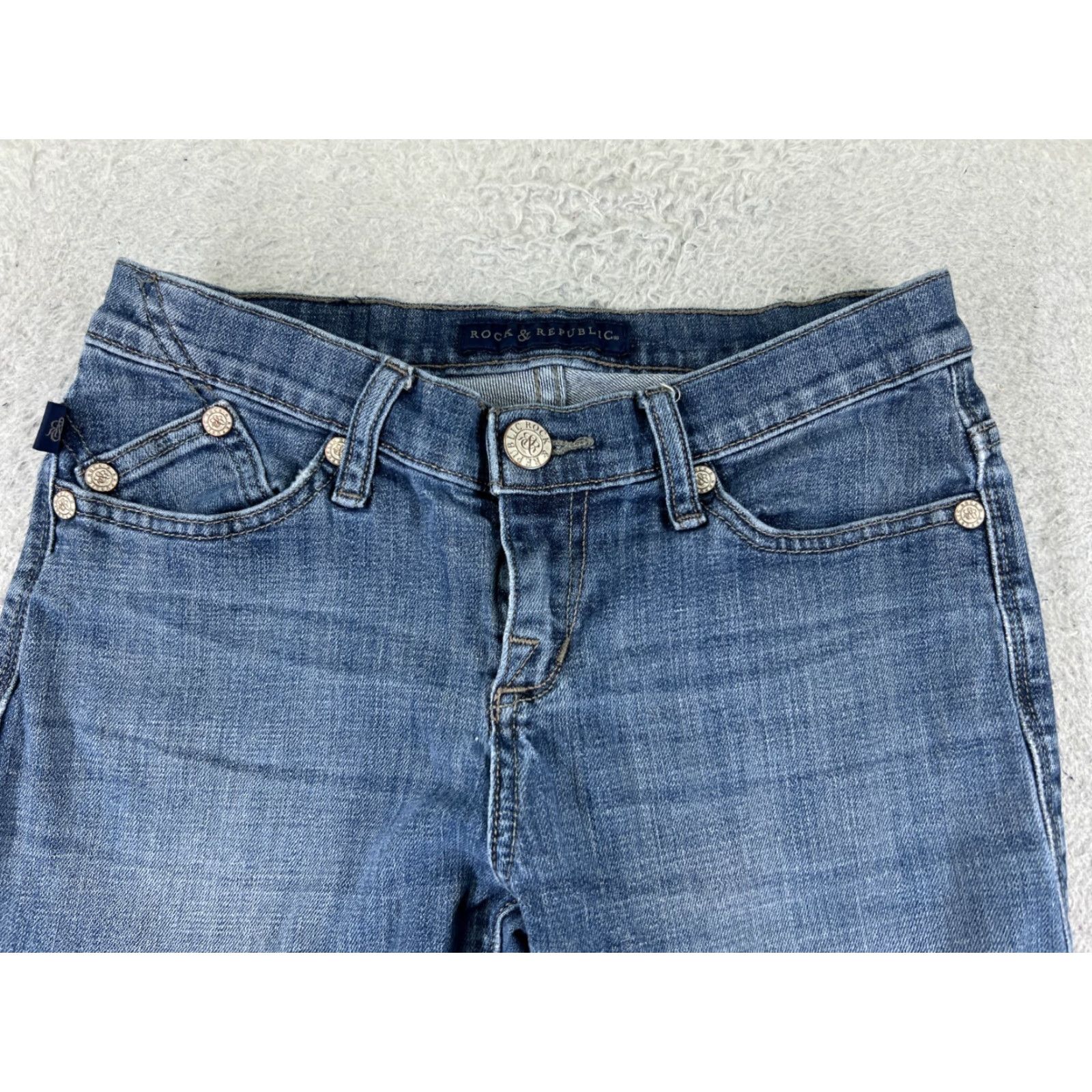 Vintage Rock & Republic Jeans Womens 4 Blue Denim Low Rise Flared 25x29 Cotton Blend 5-Pocket Zipper Button Embroidered Stretch Size 27" / US 4 / IT 40 - 4 Thumbnail