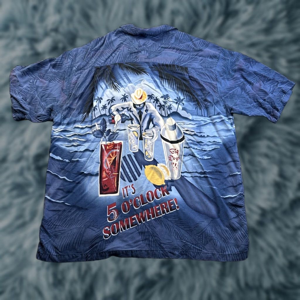 VINTAGE Big Dogs Shirt Mens Large Blue 5 O'clock Graphic Print Bowling Button