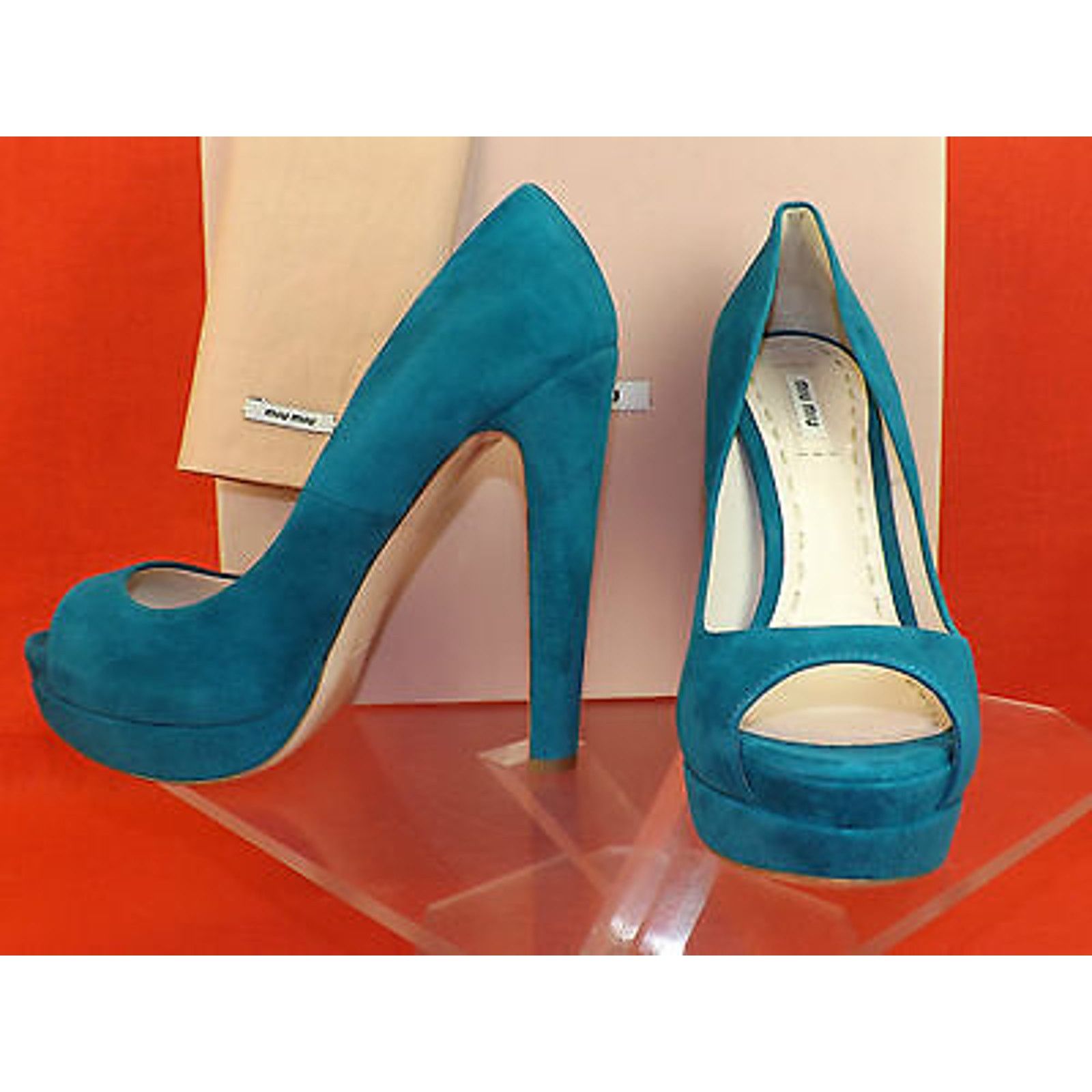 Miu Miu 5KP185 TURQUOISE SUEDE PEEP TOE DOUBLE PLATFORM PUMPS 39.5 9 Size US 9.5 / IT 39.5 - 7 Thumbnail