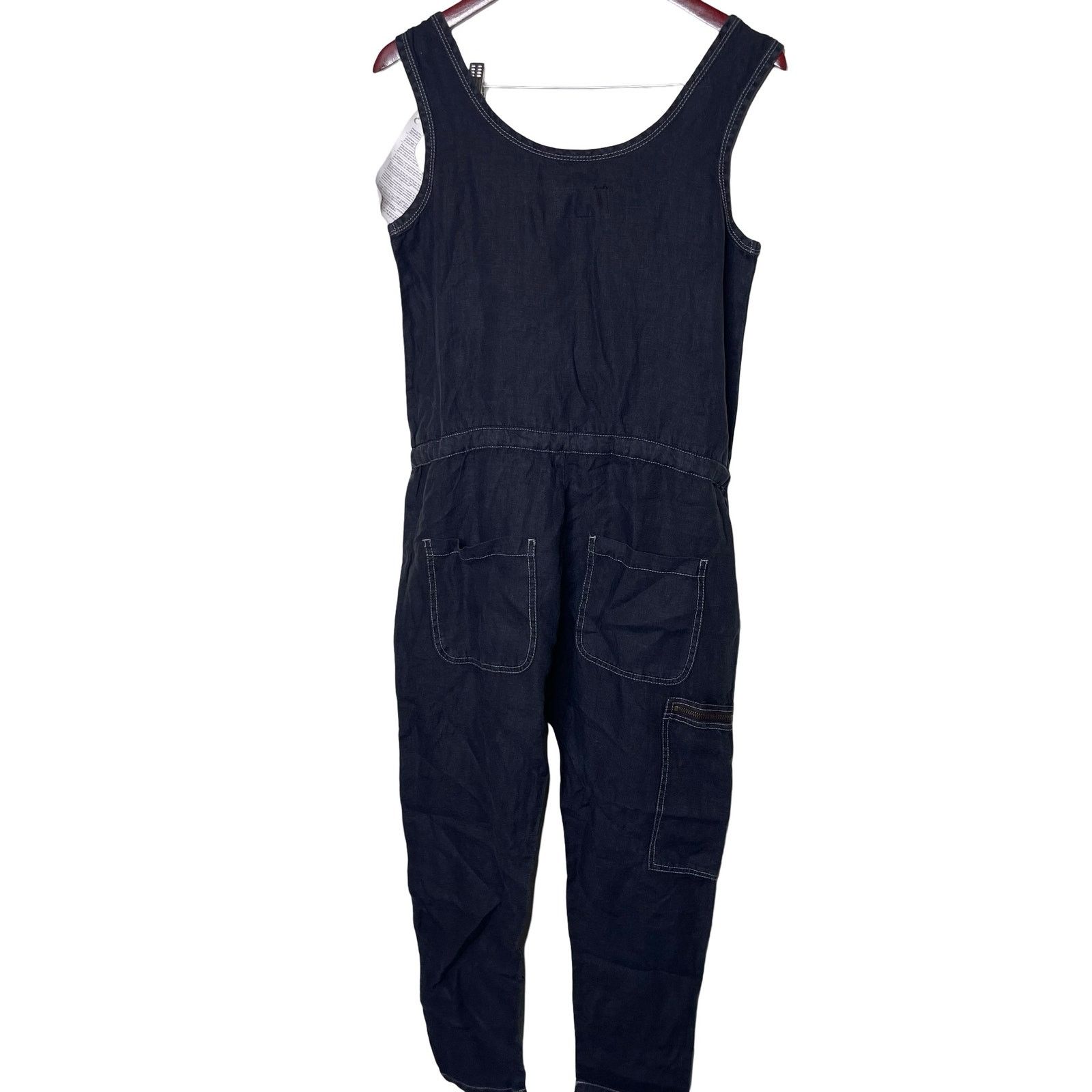 Current/Elliott Zip Cargo Crop 100% Linen Jumpsuit in Black
