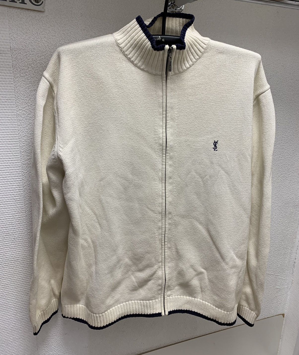 image of YSL Pour Homme x YVES Saint Laurent Fullzip Knit Zip Bomber 2Xl in Cream, Men's