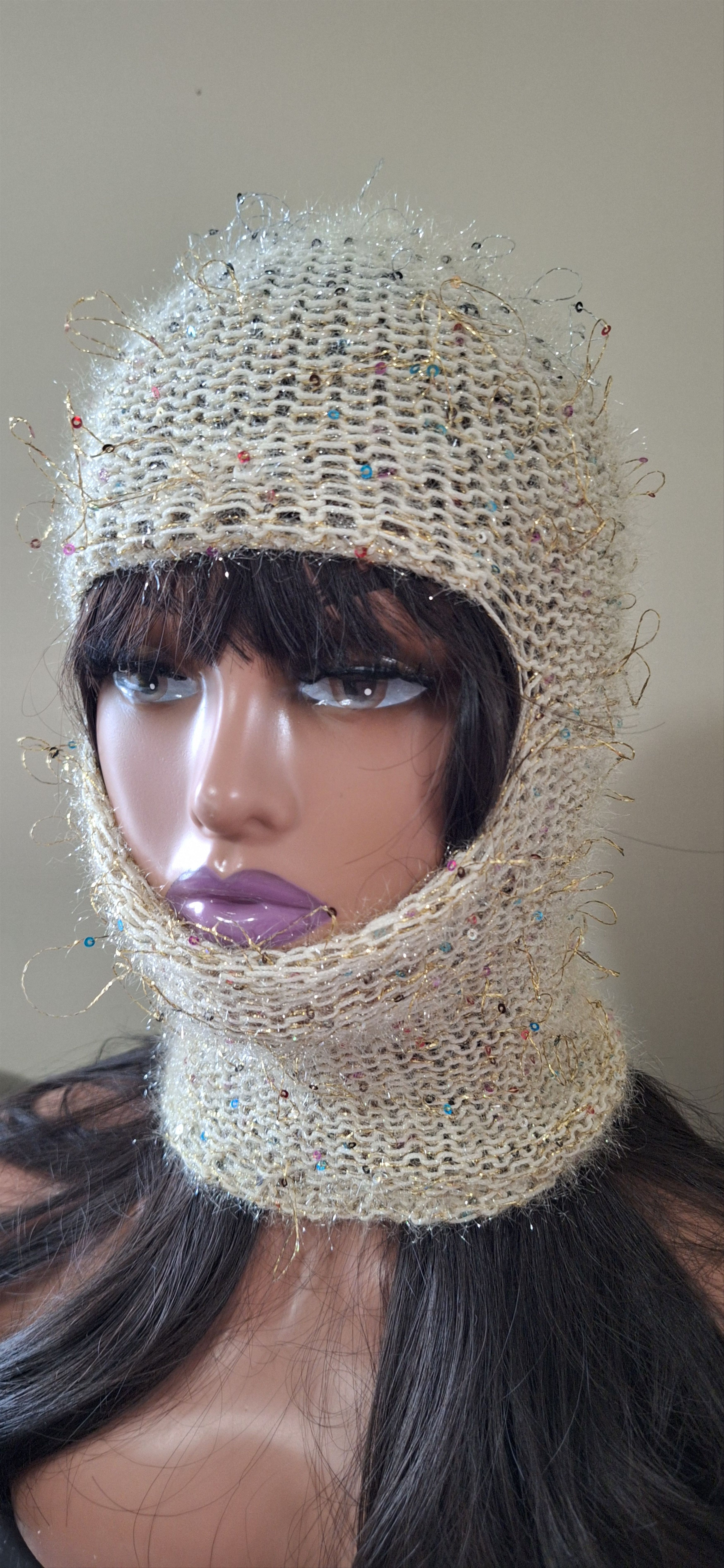 Other Cream Knit Hood w/ Sequins, Avantgarde Artwear , Tinsel Riot Size ONE SIZE - 4 Thumbnail