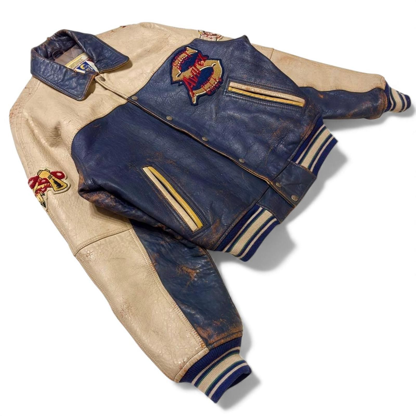 Avirex Avirex - S Vintage Blue Cream Leather Varsity Jacket Size US M / EU 48-50 / 2 - 5 Thumbnail