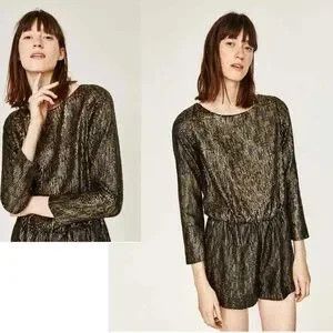 Zara ZARA Jumpsuit Gold Sequin Black Metallic Long Sleeve Romper Size 26" / US 2 / IT 38 - 2 Thumbnail