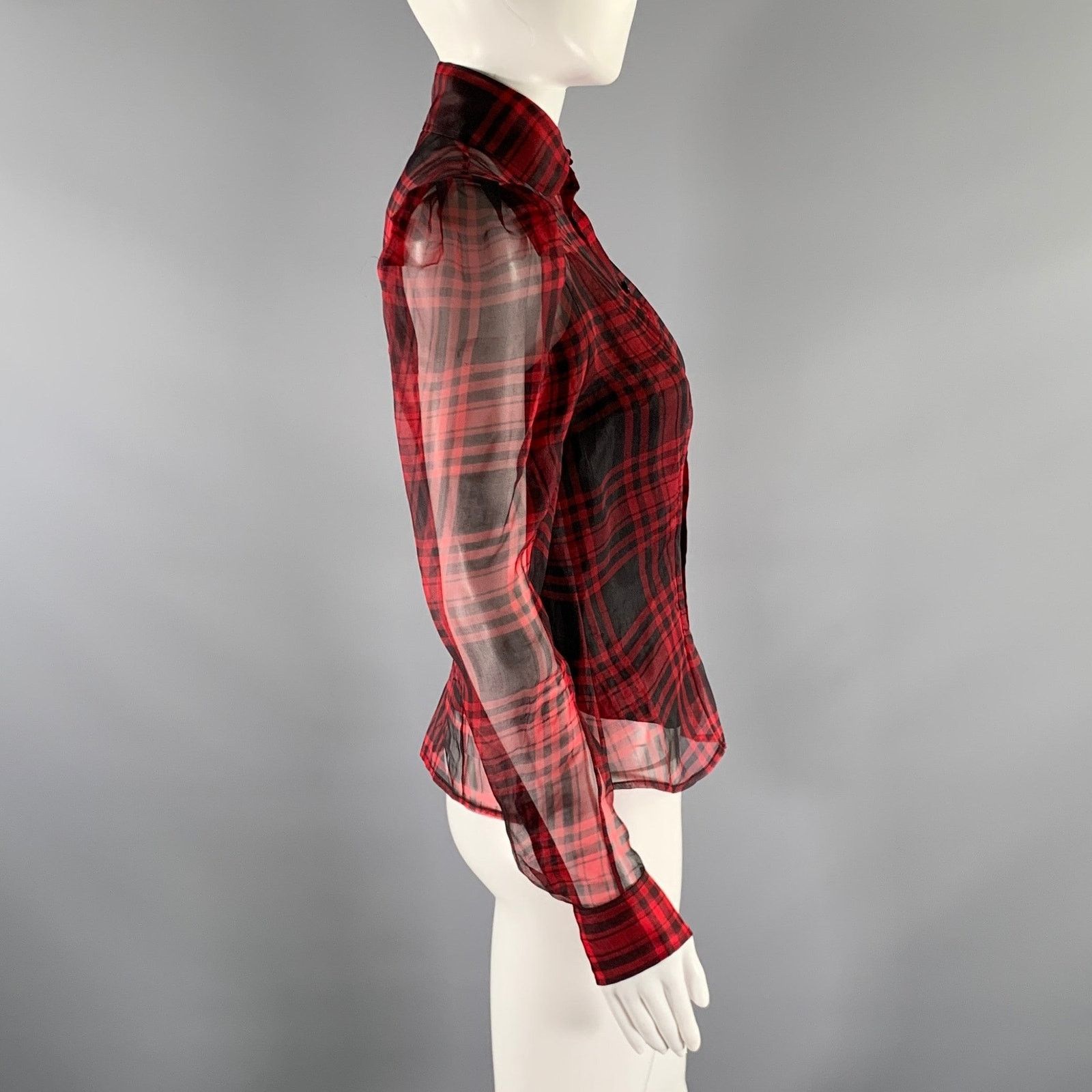 Ralph Lauren RALPH LAUREN Red Black Silk Plaid Balloon sleeves Blouse Size S / US 4 / IT 40 - 2 Thumbnail