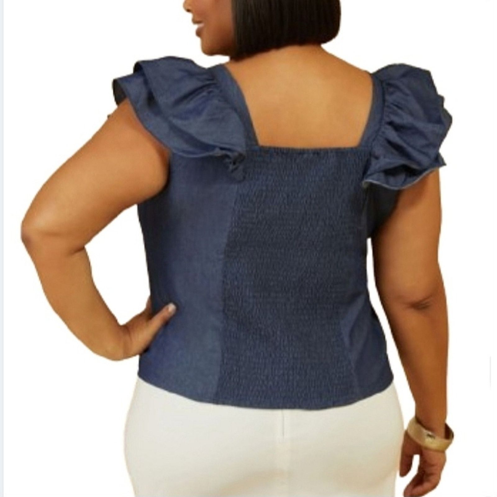 Other DENIM BLUE ☆ SOFT CHAMBREY ☆ DOUBLE RUFFLE TOP 26w ☆ NWT Size 3XL / US 20-22 - 4 Thumbnail