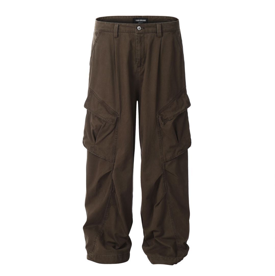 image of Cotton Cargo Pants Multi-Pocket Casual Wide-Leg Pants in Brown, Men's (Size 30)