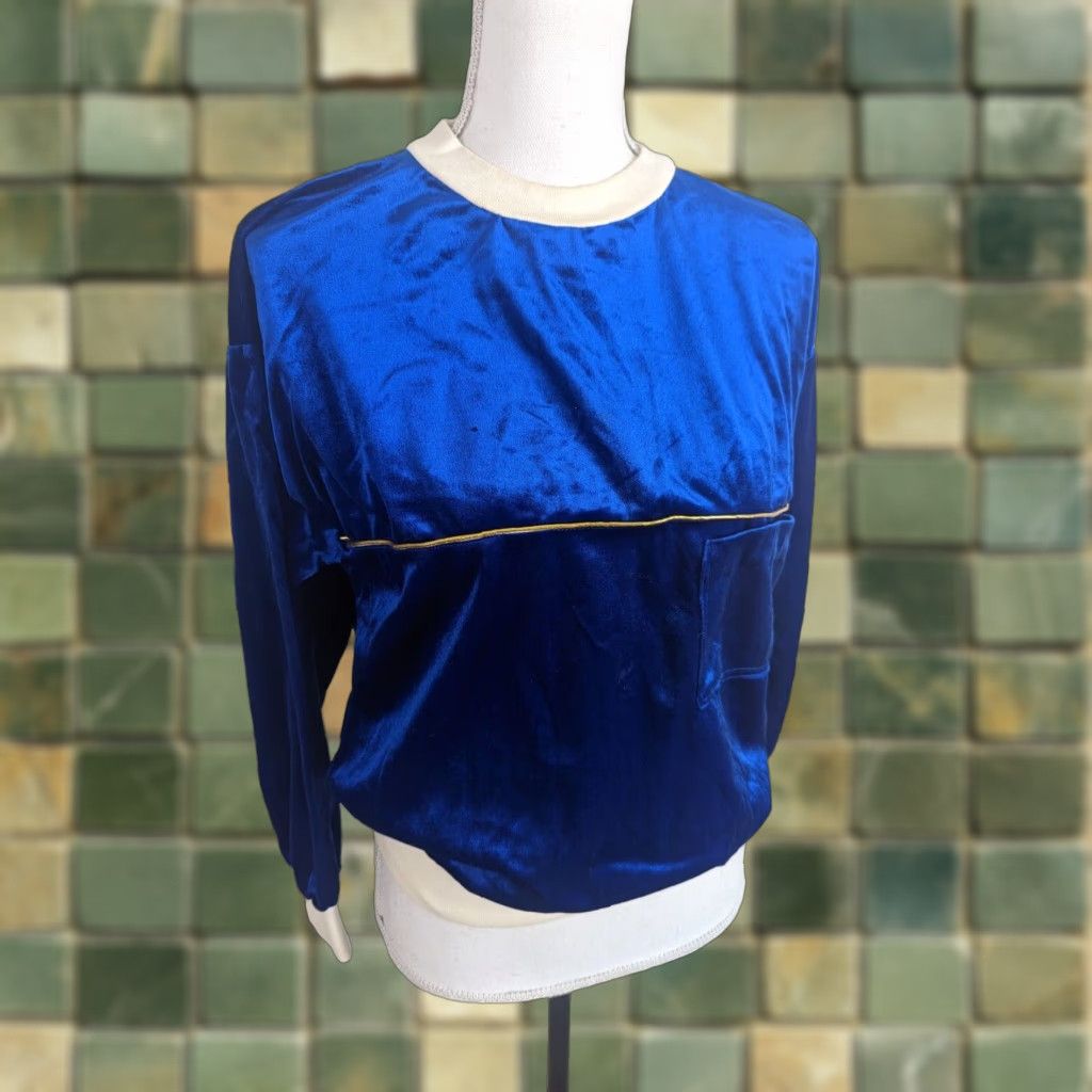 Velvet VINTAGE 80s Crewneck Long Sleeve Velvet Shirt Blue Gold Stripe L3S Women's M Size M / US 6-8 / IT 42-44 - 1 Thumbnail