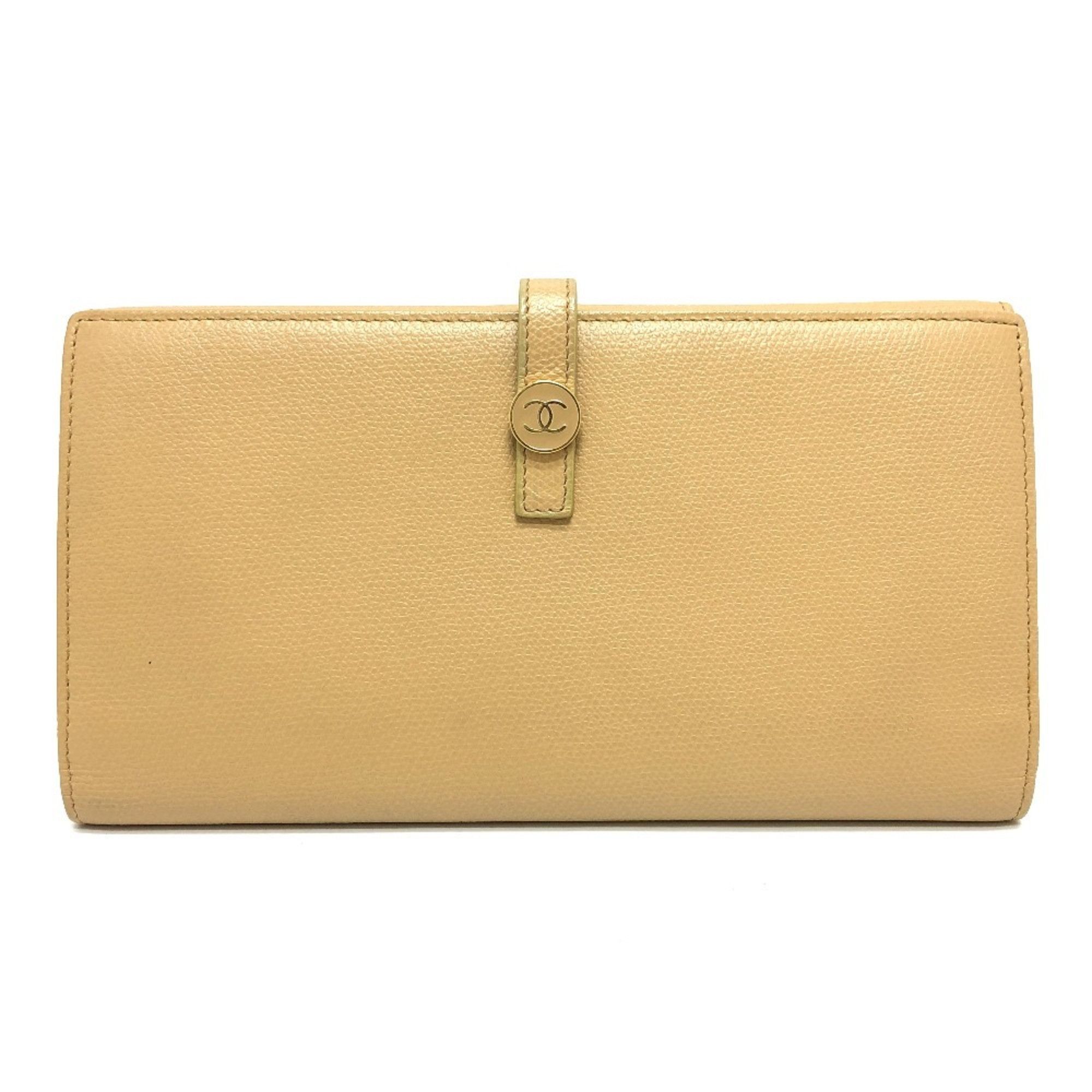 CHANEL Coco Button Wallet Bi-fold Long Leather Women's Beige