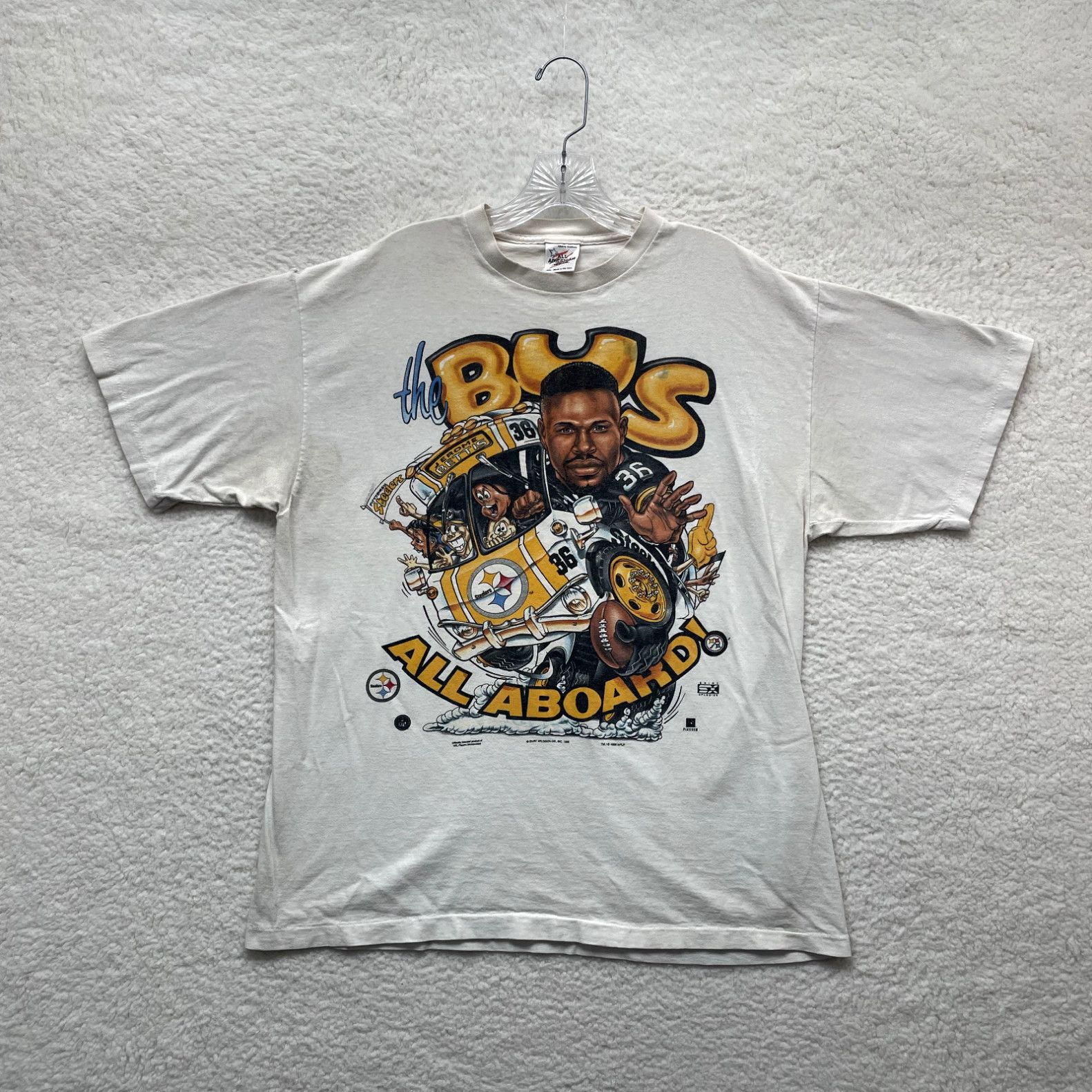 image of 90's Vintage Jerome Bettis The Bus Caricature T-Shirt XL Nfl Pittsburgh Steelers in White, Men's