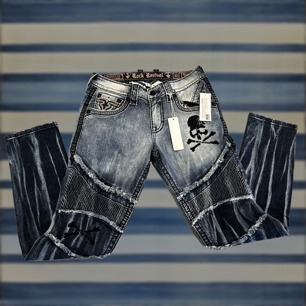 Vintage Rock Revival Jeans Biker Distressed Denim Mens 32x33 NWT Blue 32 33 Cotton/Elastane Mens Size US 32 / EU 48 - 1 Thumbnail