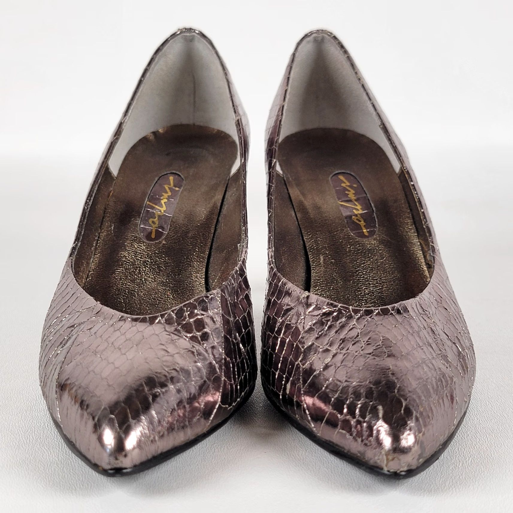 Vintage Vintage Women's Pumps Leather Heel Bronze Snake Print Pointed Toe Slip On 7B High Heel 3-3.9in - Brand Vintage Shoes Womens Size US 7 / IT 37 - 3 Thumbnail