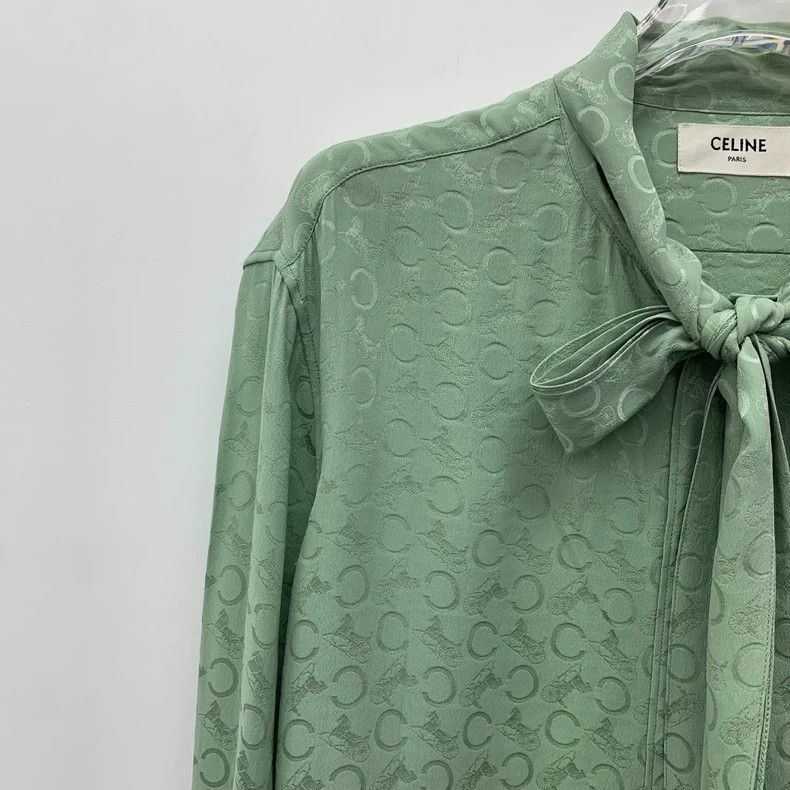 Celine Green Patterned Silk Tie Neck Blouse Size US M / EU 48-50 / 2 - 3 Thumbnail